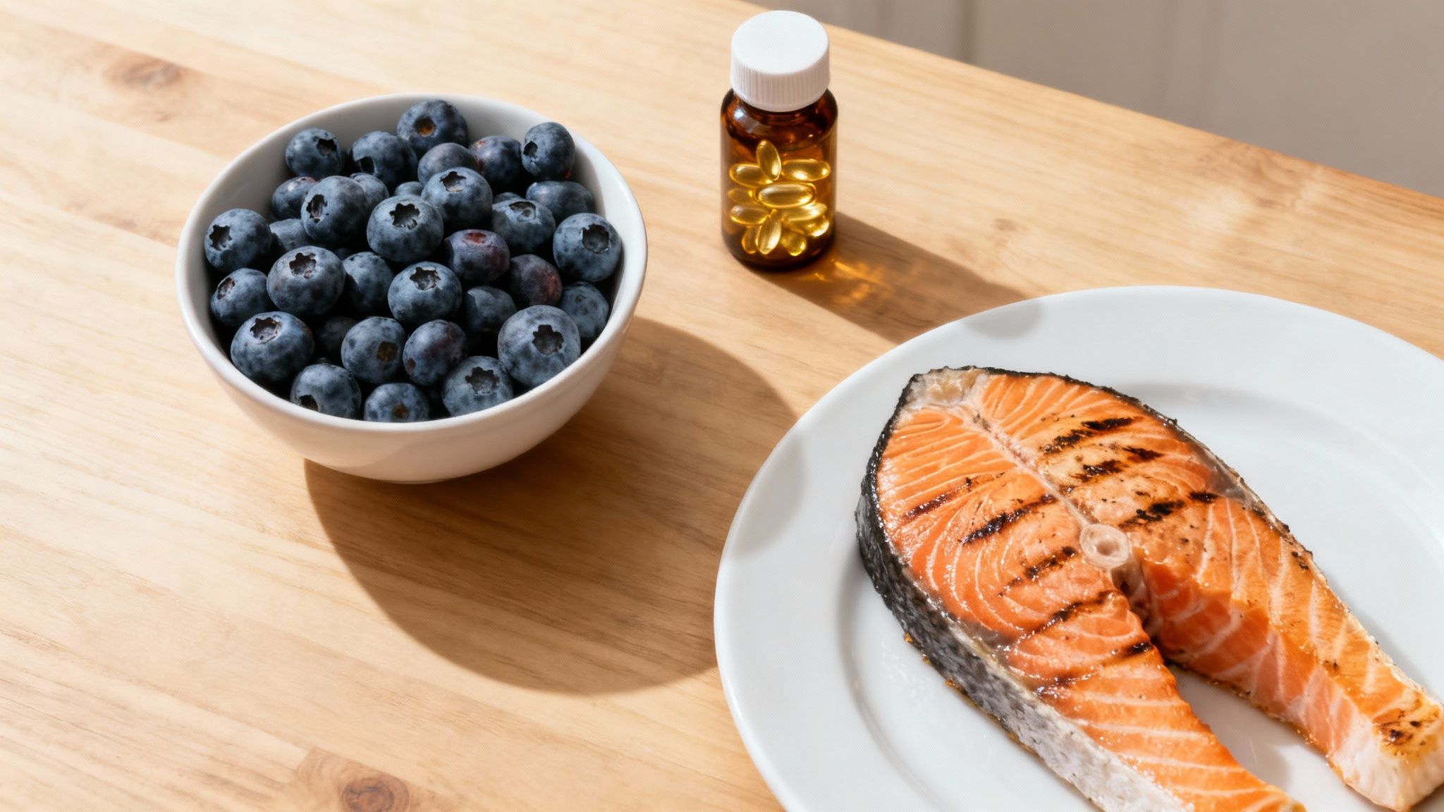 A vibrant spread of brain-boosting foods like salmon, blueberries, and nuts on a rustic wooden table.