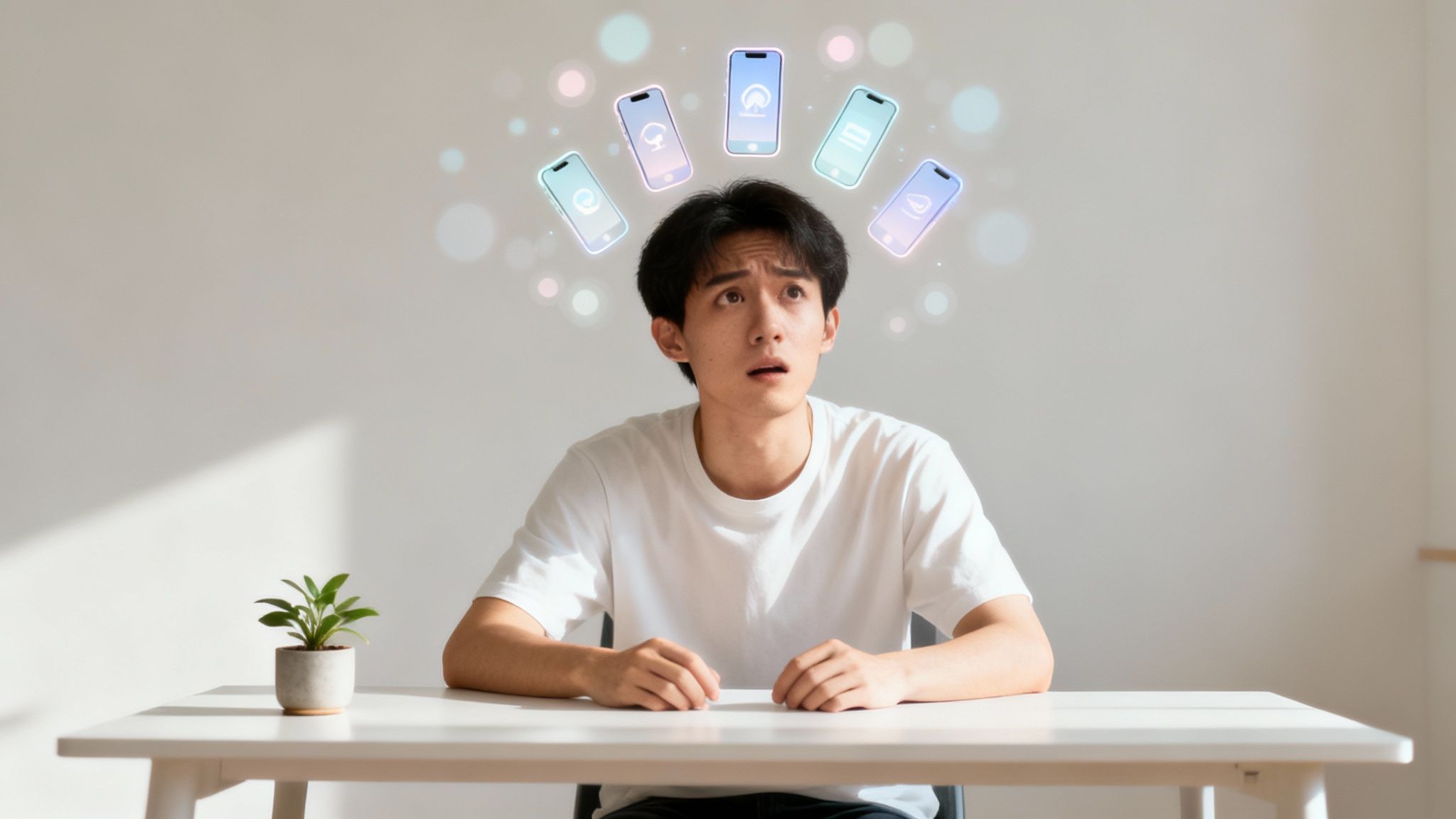 An Asian man looks worried at multiple hovering smartphone icons representing digital distractions.