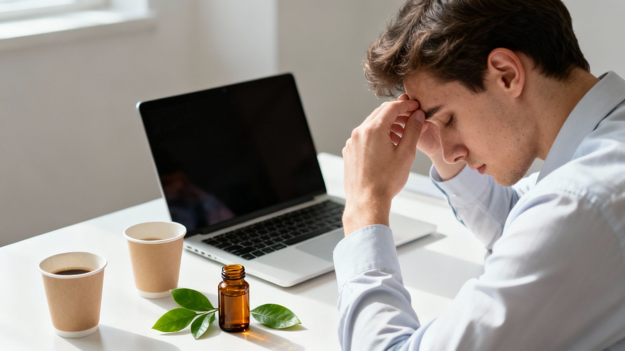 Young man experiencing headache at work, with coffee cups and an herbal oil bottle.