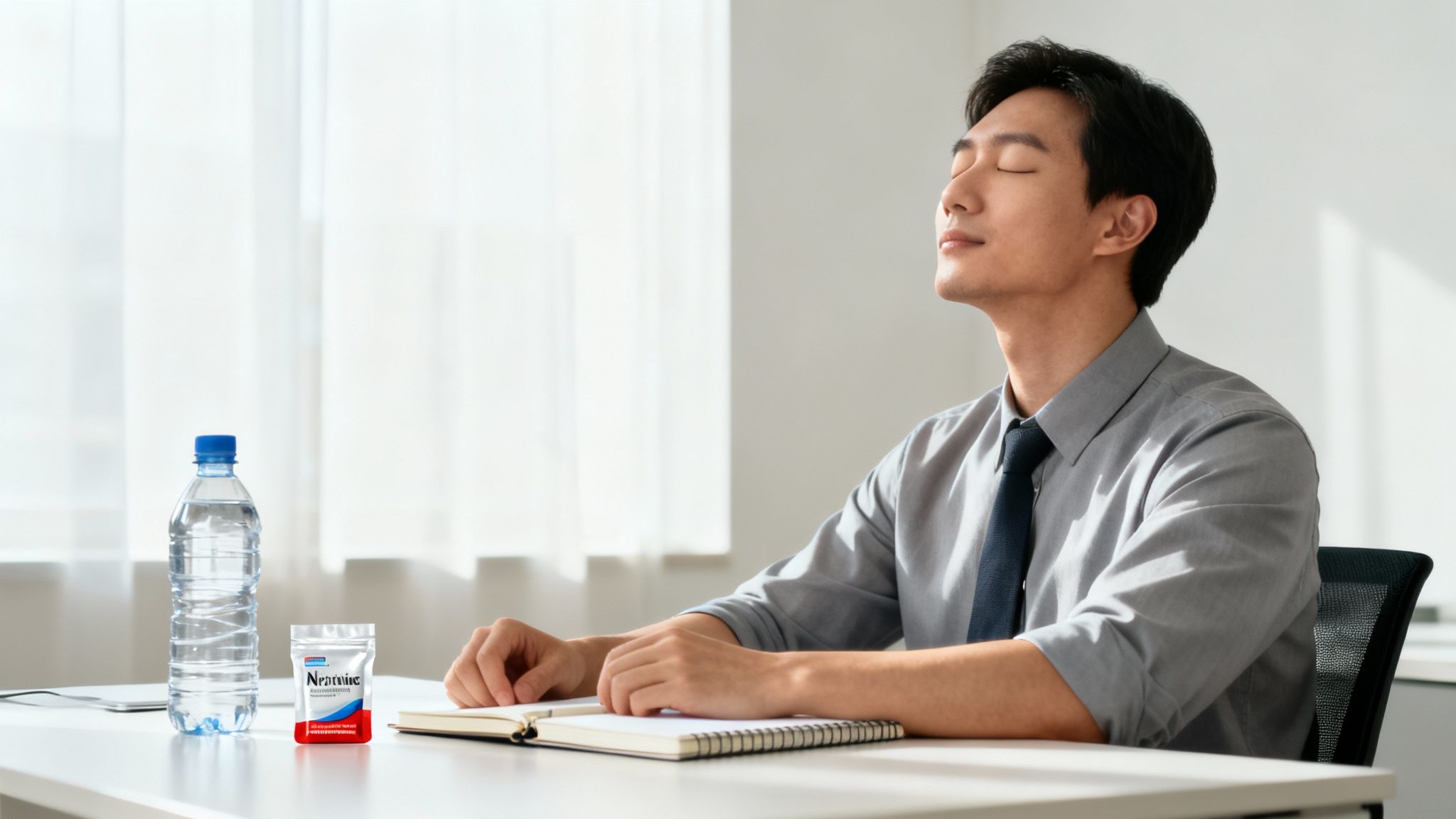 A man in a gray shirt and tie meditates at an office desk, with water and a supplement pouch.