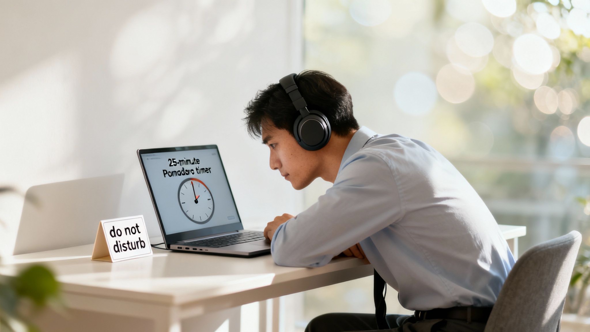 A person working deeply and without distractions, focused on their laptop in a calm environment.
