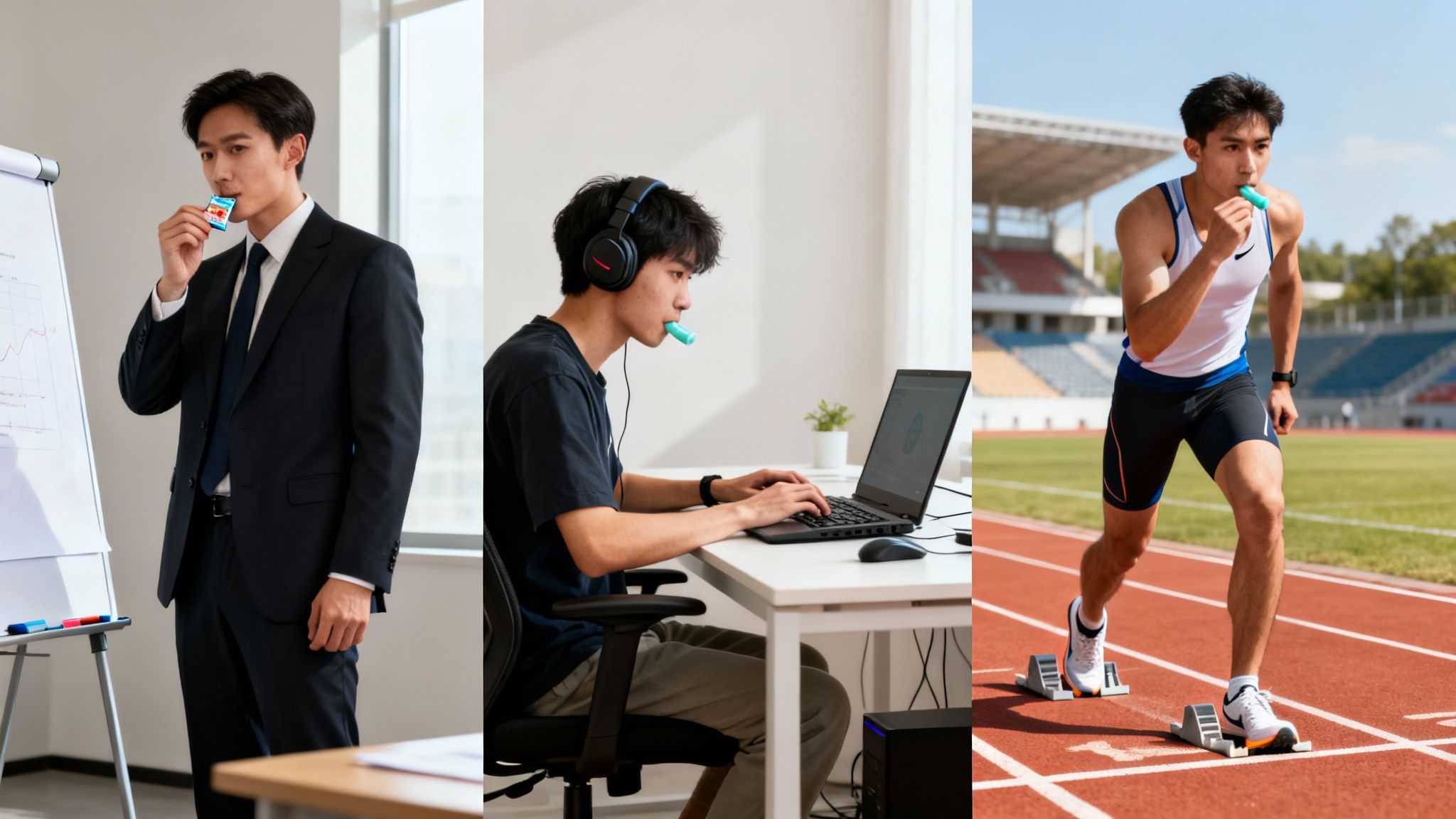 Three men using oral devices in various settings: business, study, and sports activities.