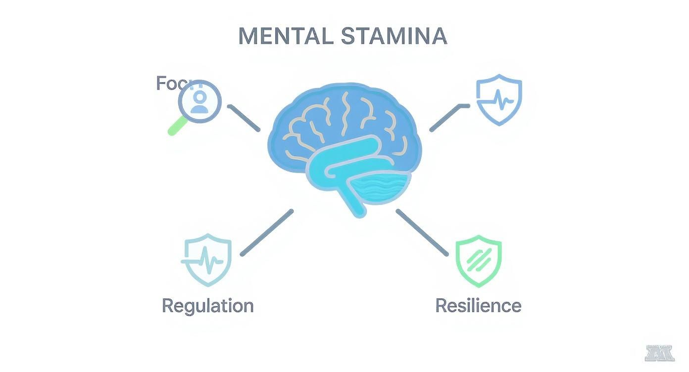 Diagram showing mental stamina components: focus, regulation, and resilience, centered around a brain.