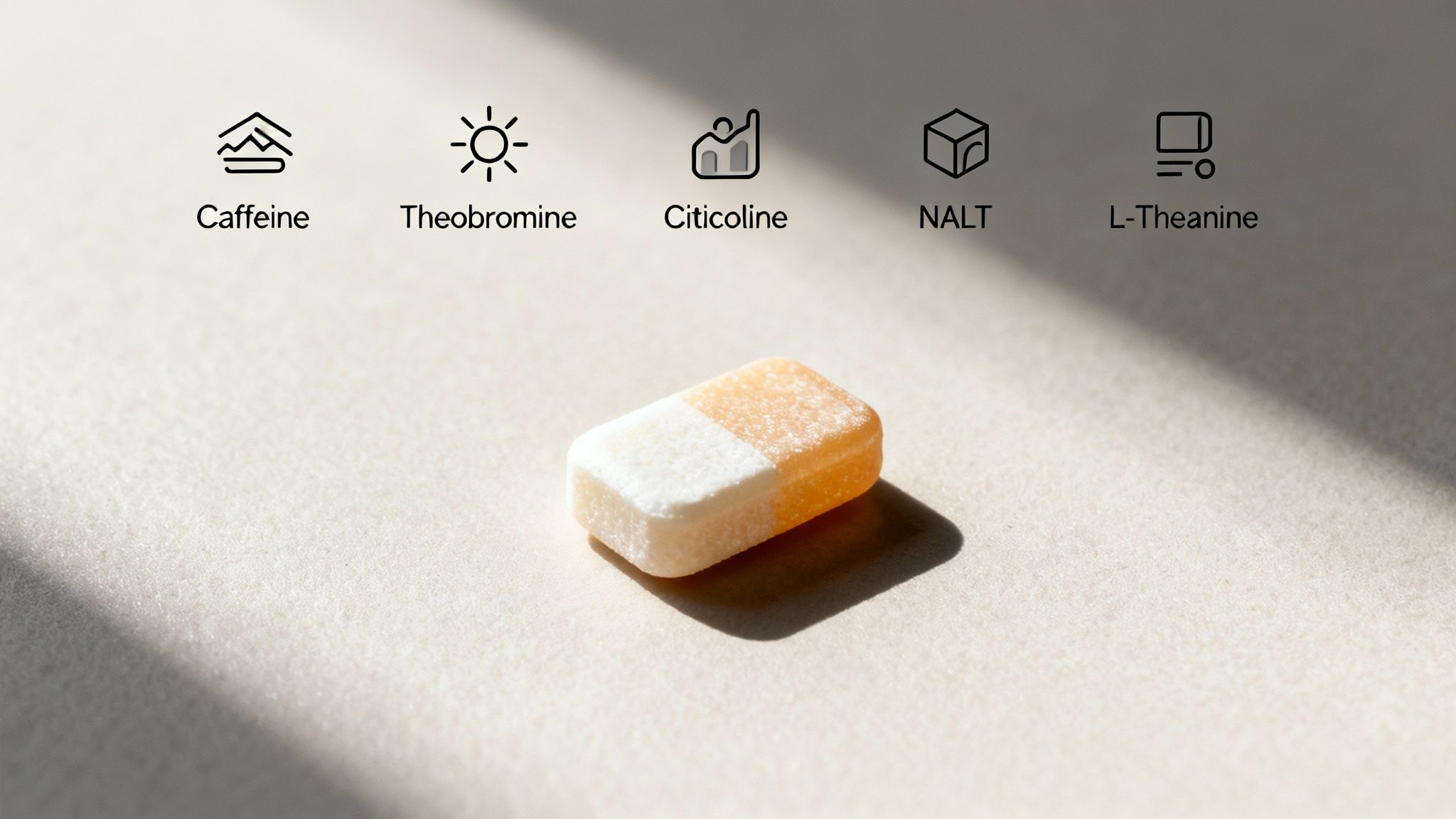 A white and orange energy gum with icons and labels for Caffeine, Theobromine, Citicoline, NALT, and L-Theanine.