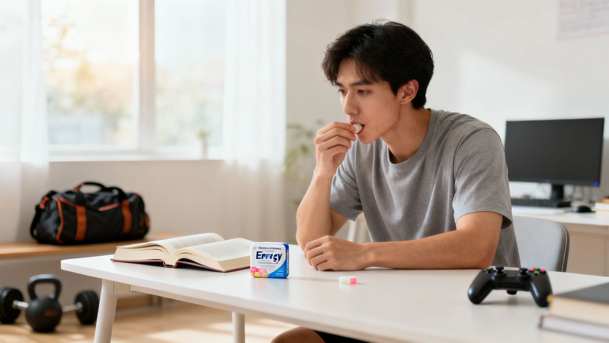 A young man takes an energy gum at his desk, next to a book and game controller.