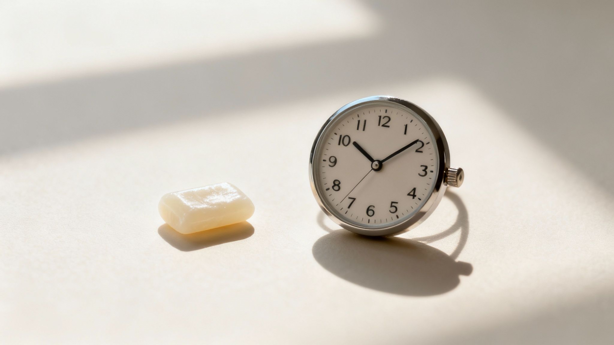 A small white piece of gum sits next to a round silver clock on a light background with shadows.