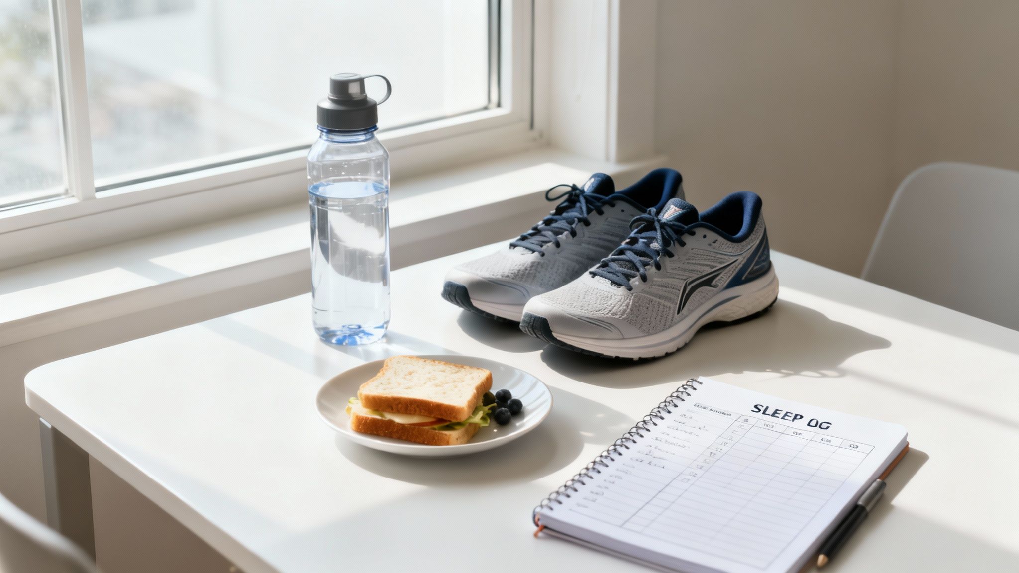 Running shoes, water bottle, sandwich, blueberries, and a sleep log notebook on a white table.