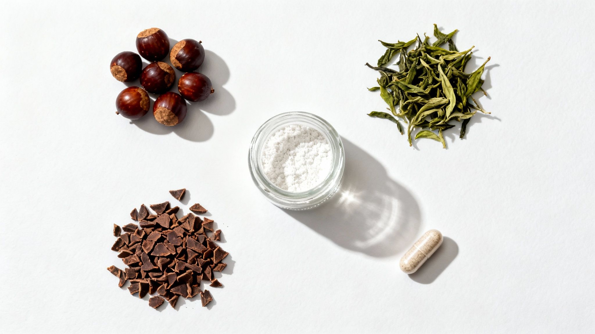 Overhead shot of wellness ingredients: chestnuts, dried tea leaves, cacao nibs, powder, and a supplement capsule.