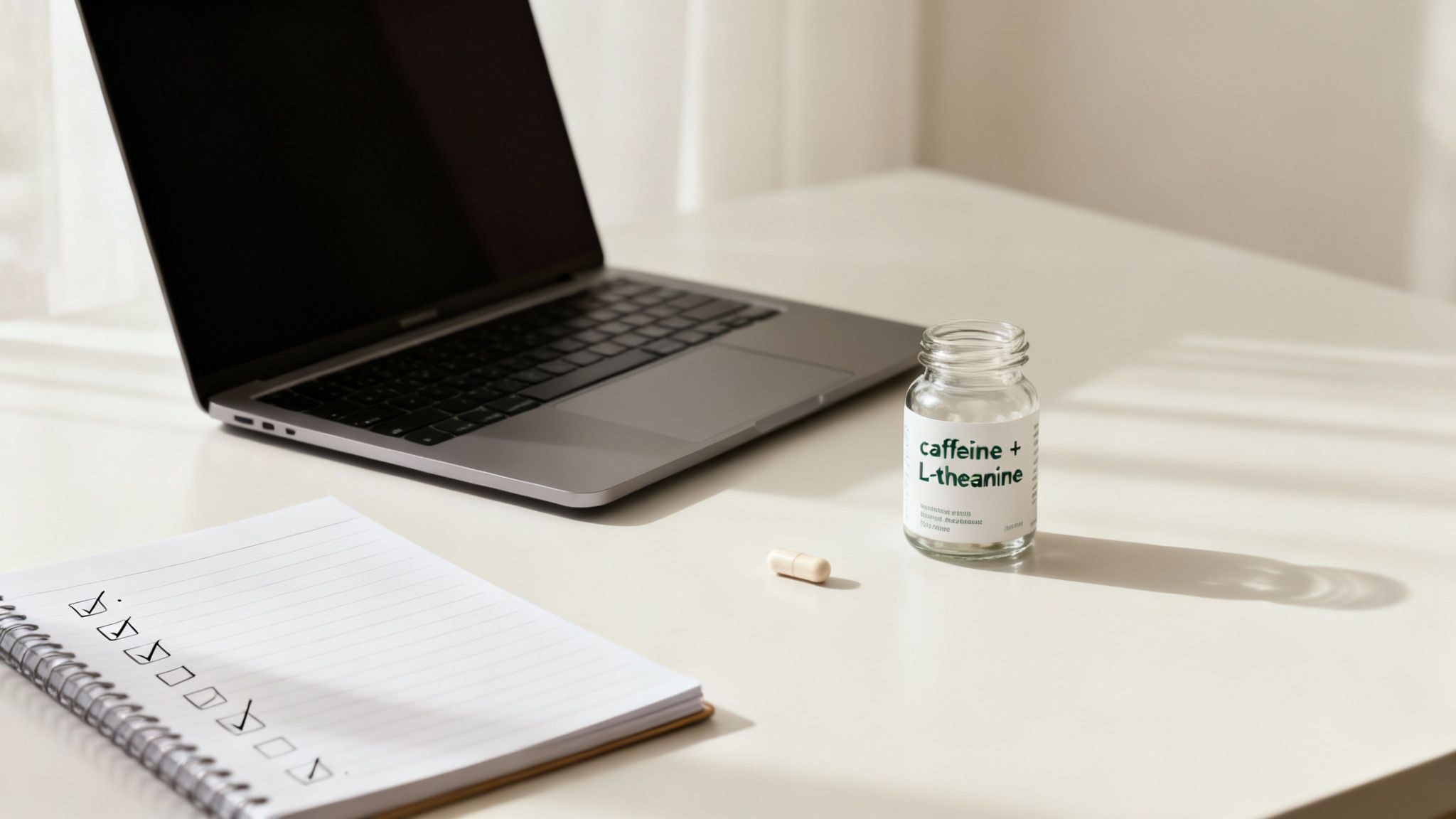 Caffeine and L-theanine supplement bottle next to laptop and checklist notebook on desk
