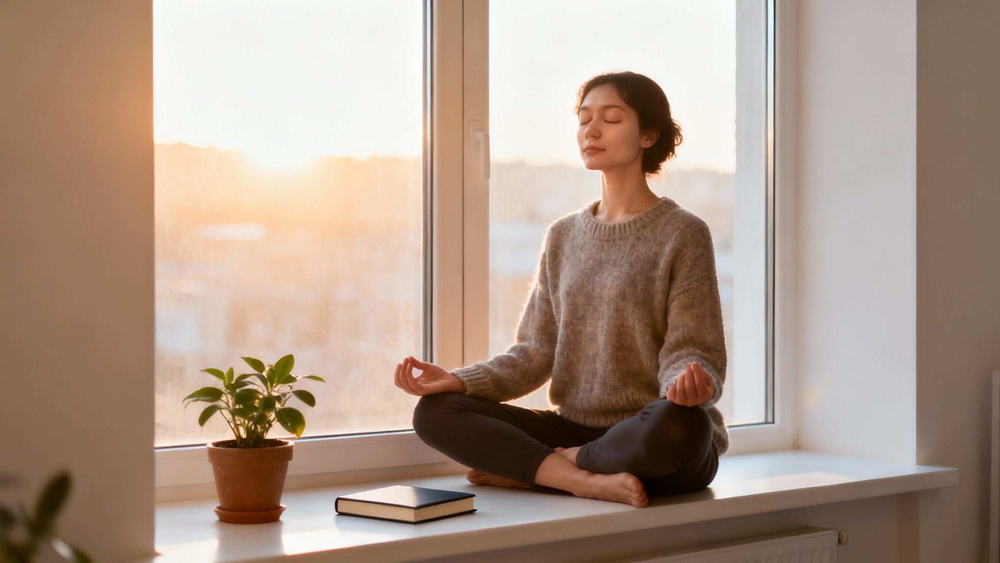 A person's hand holding a natural supplement capsule with herbs in the background.