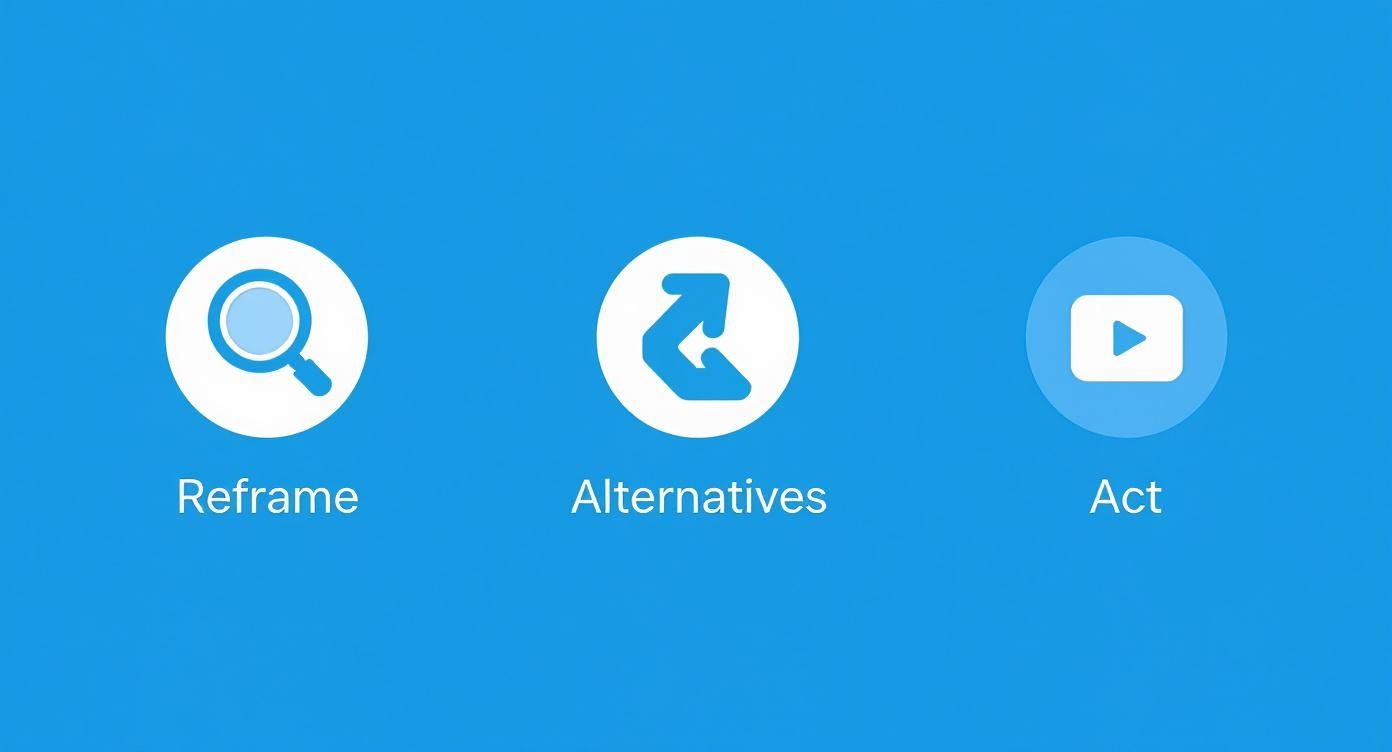 Three blue and white icons showing steps for cognitive flexibility: Reframe, Alternatives, and Act.