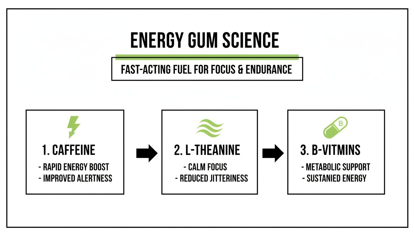 Infographic explaining energy gum science, detailing benefits of caffeine, L-theanine, and B-vitamins for focus.