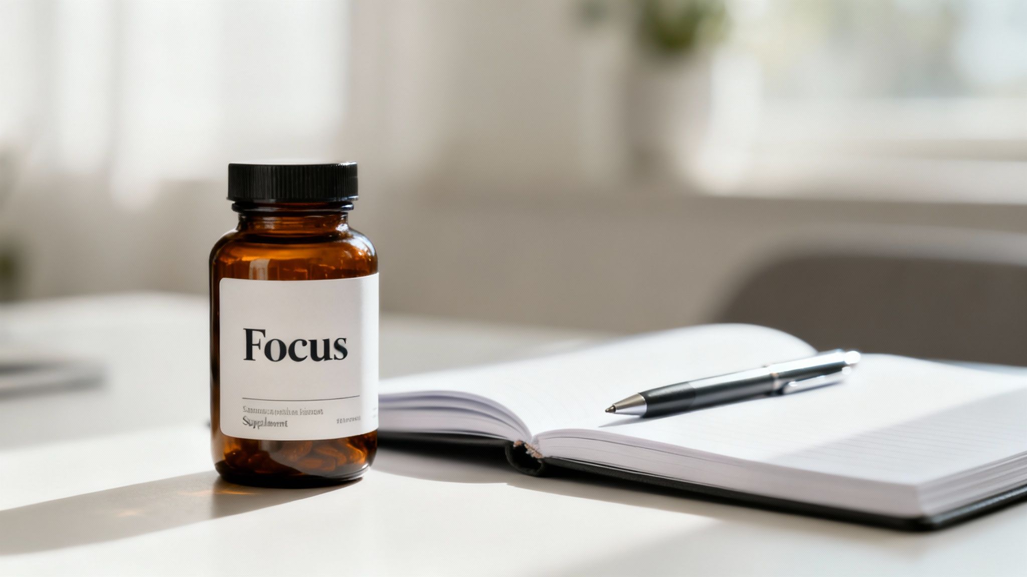 A person sitting at a desk with an open laptop, a notebook, and a coffee mug, looking focused and productive.