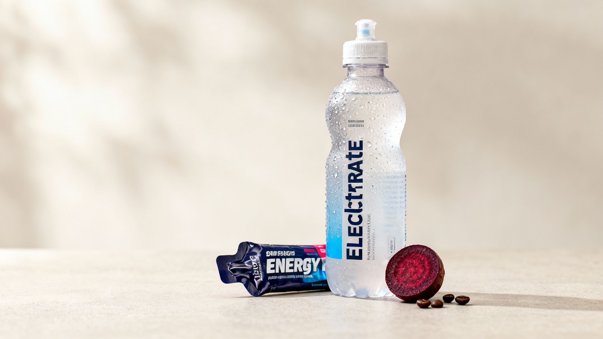 A chilled Electrate bottle, an energy gel pouch, a beetroot slice, and coffee beans.