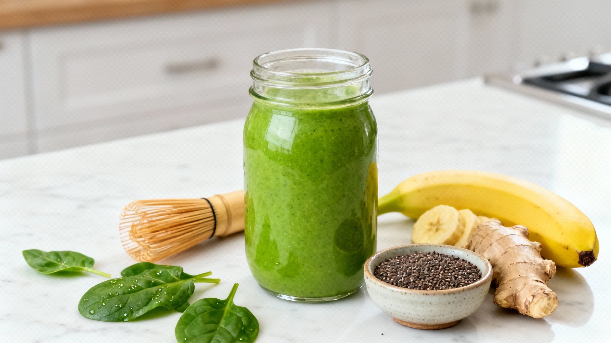 A vibrant, healthy smoothie being poured into a glass with ingredients like spinach and fruits surrounding it.