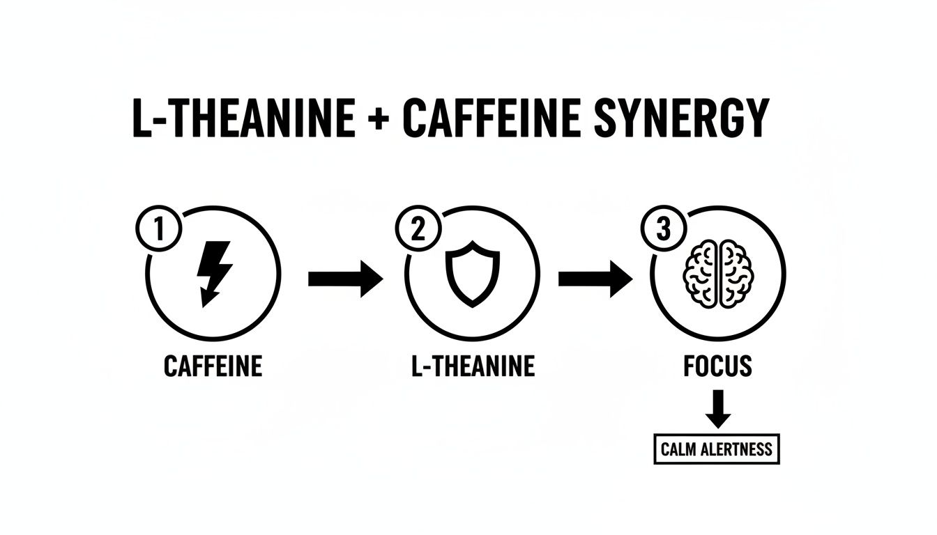 Diagram illustrating L-Theanine and Caffeine synergy, showing how their combination leads to focus and calm alertness.