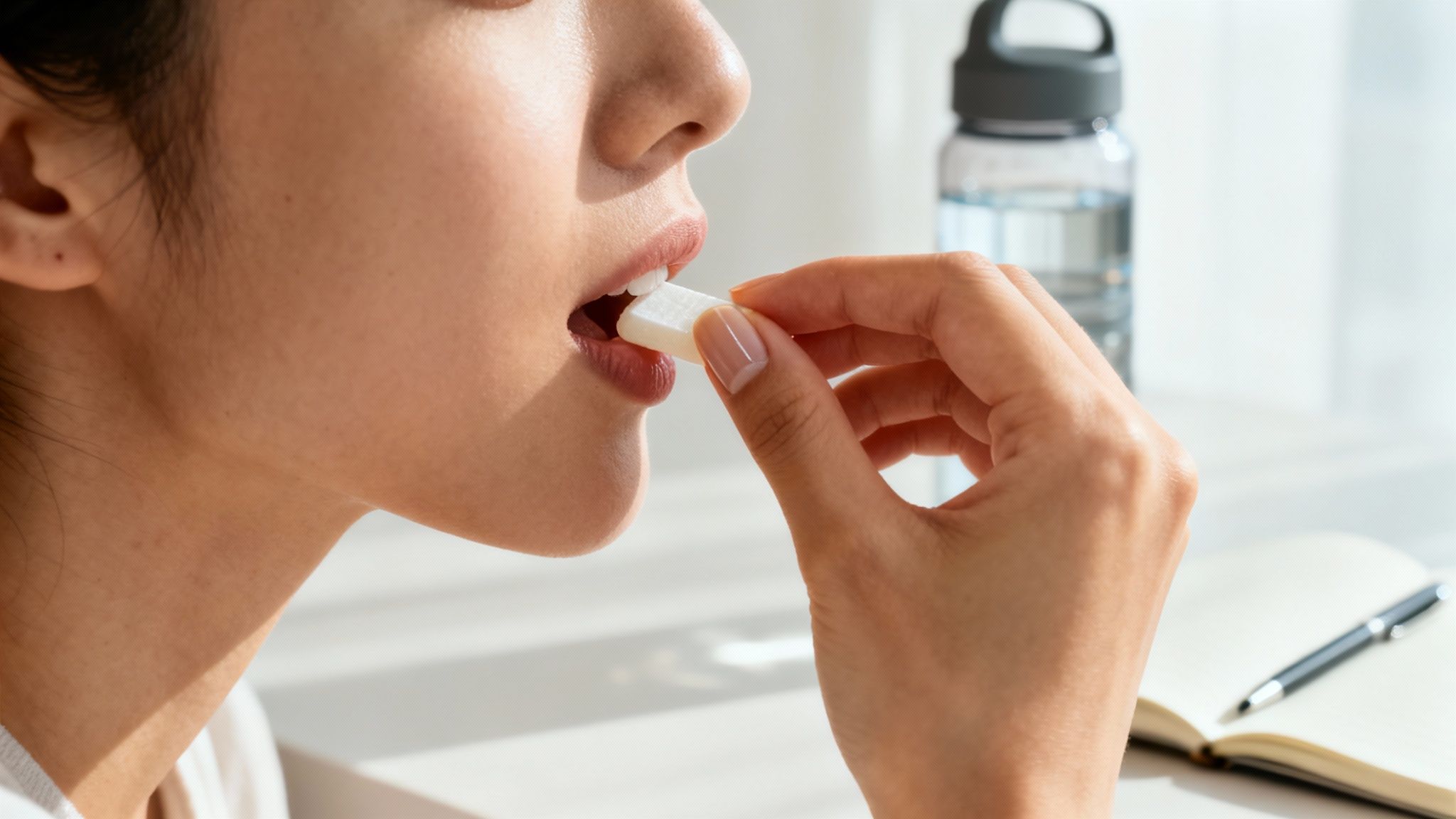 Close-up of a person putting a piece of white chewing gum into their mouth, with a water bottle in the background.