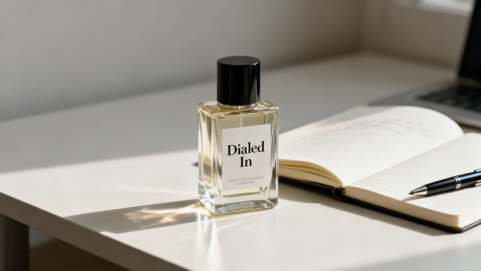 A sleek, modern package of Dialed In nootropic pouches displayed on a clean, professional desk.