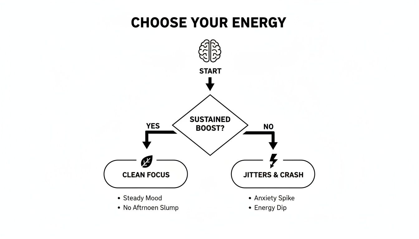 A flowchart showing two energy choices: 'Clean Focus' for a sustained boost, or 'Jitters & Crash' without.