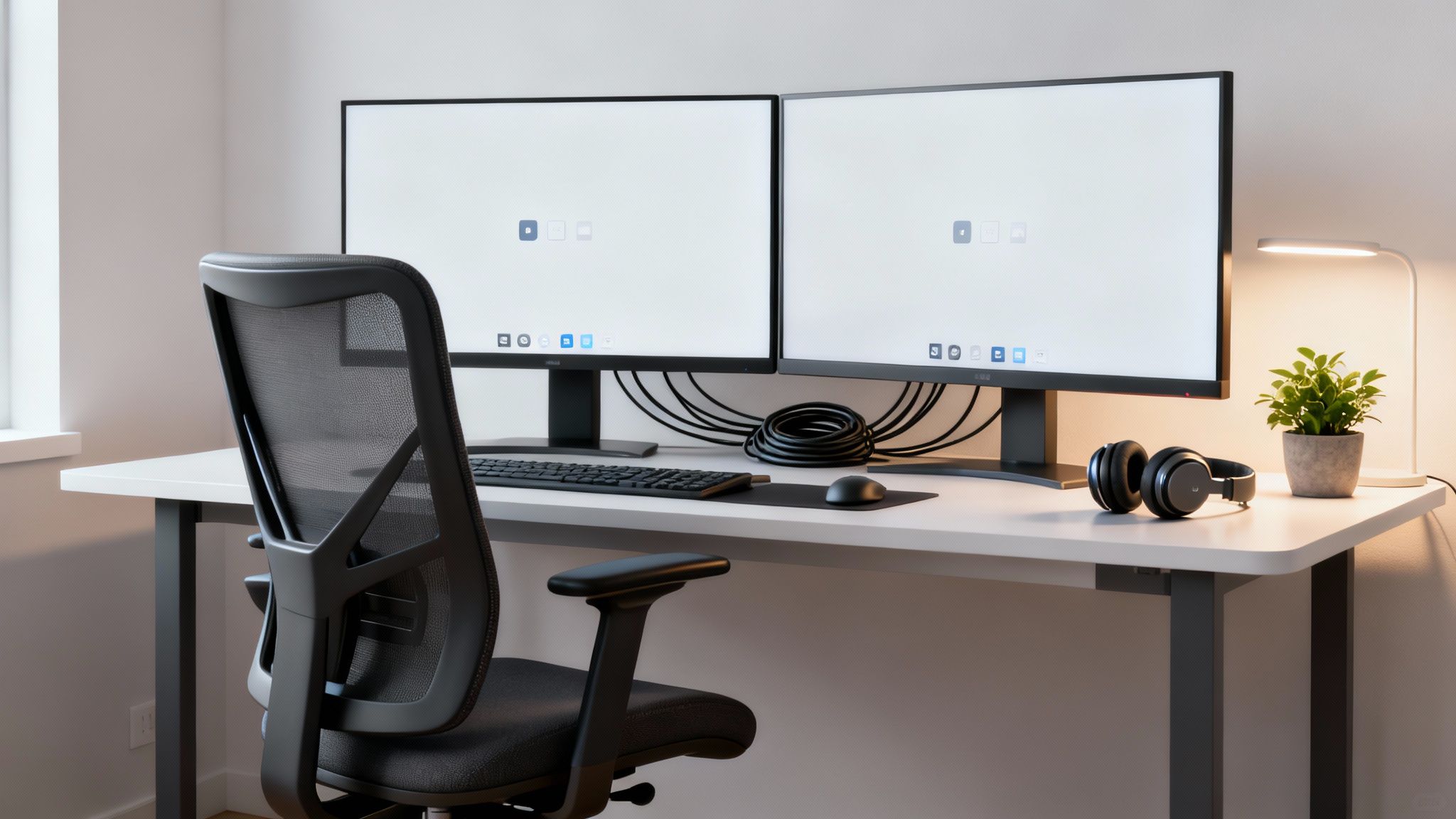 A person at a desk deeply focused on a task, with graphics showing a balance between challenge and skill.