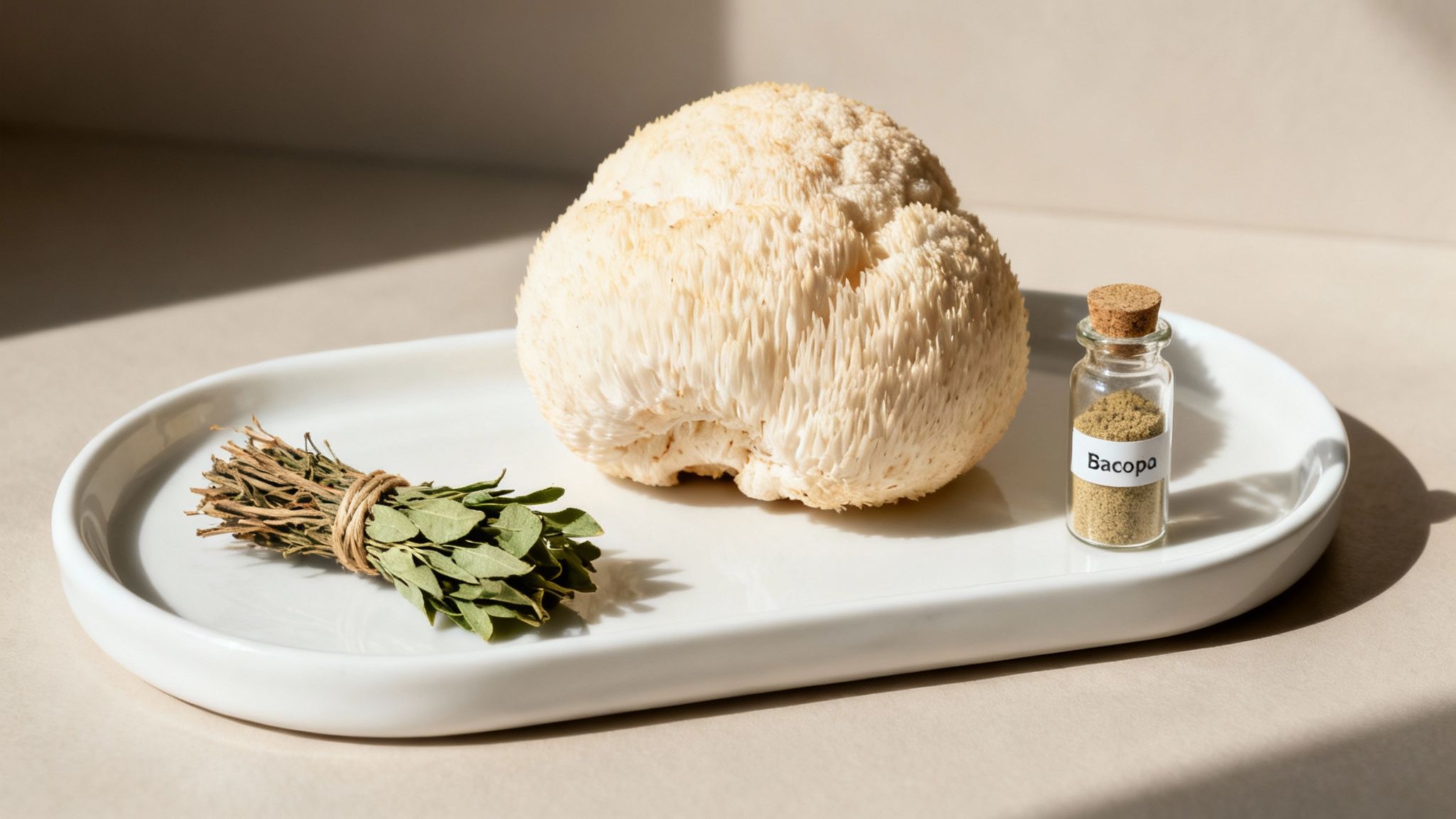 Herbal nootropics like leaves and mushrooms arranged neatly