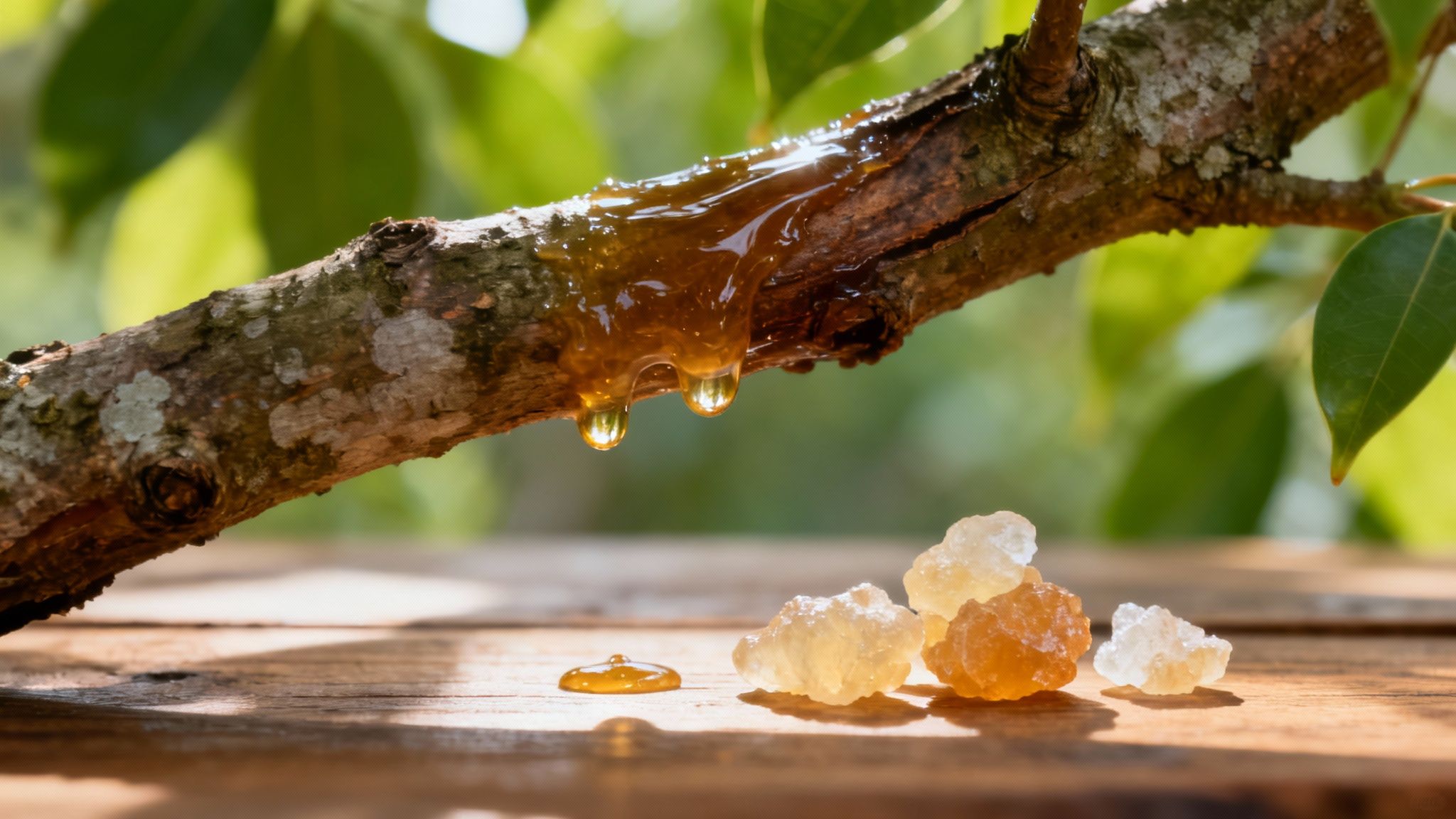 A close-up of natural chicle gum base pieces next to green leaves.
