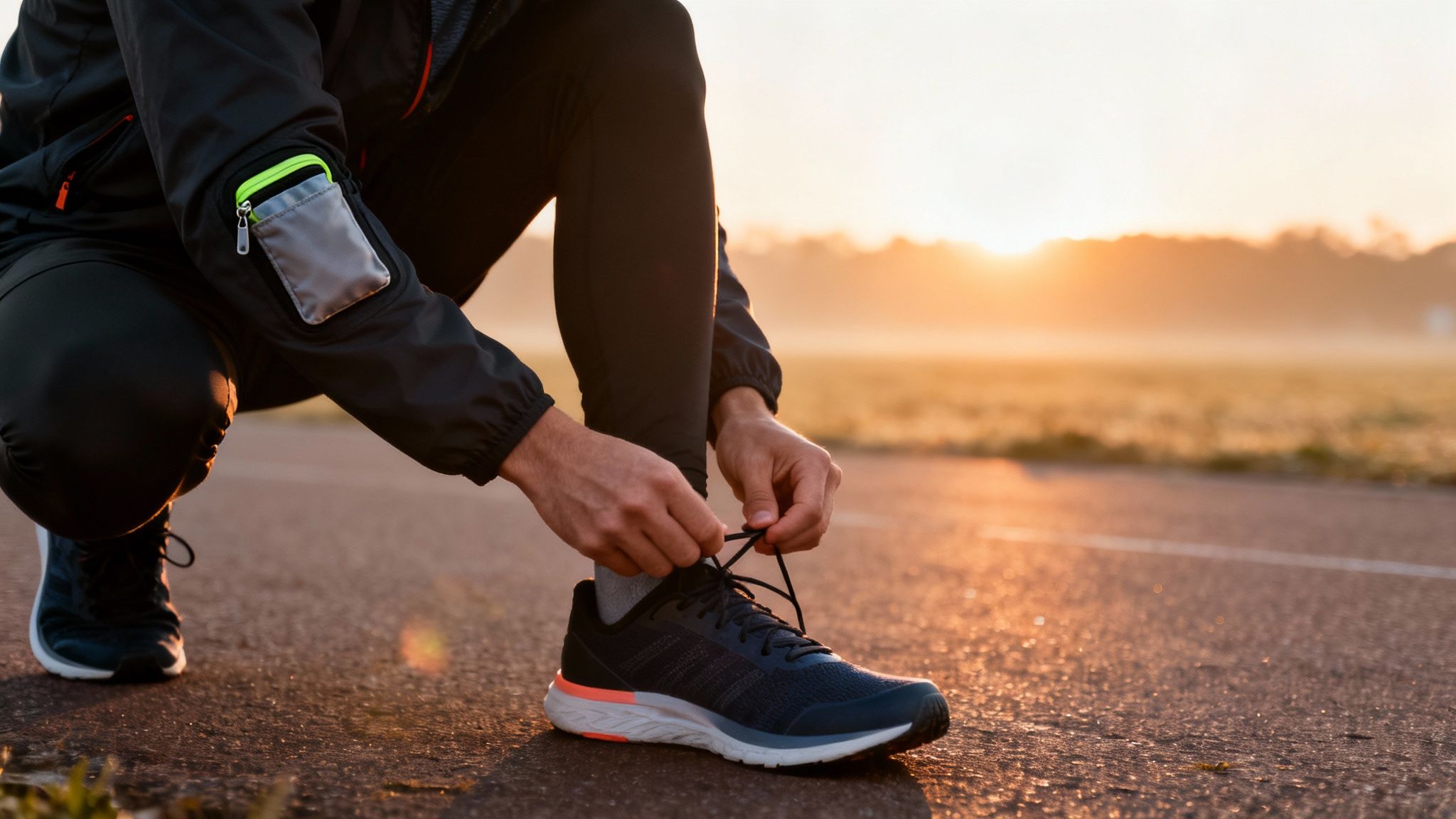 A person in athletic gear ties their shoelaces on a track at sunrise, preparing for a run.