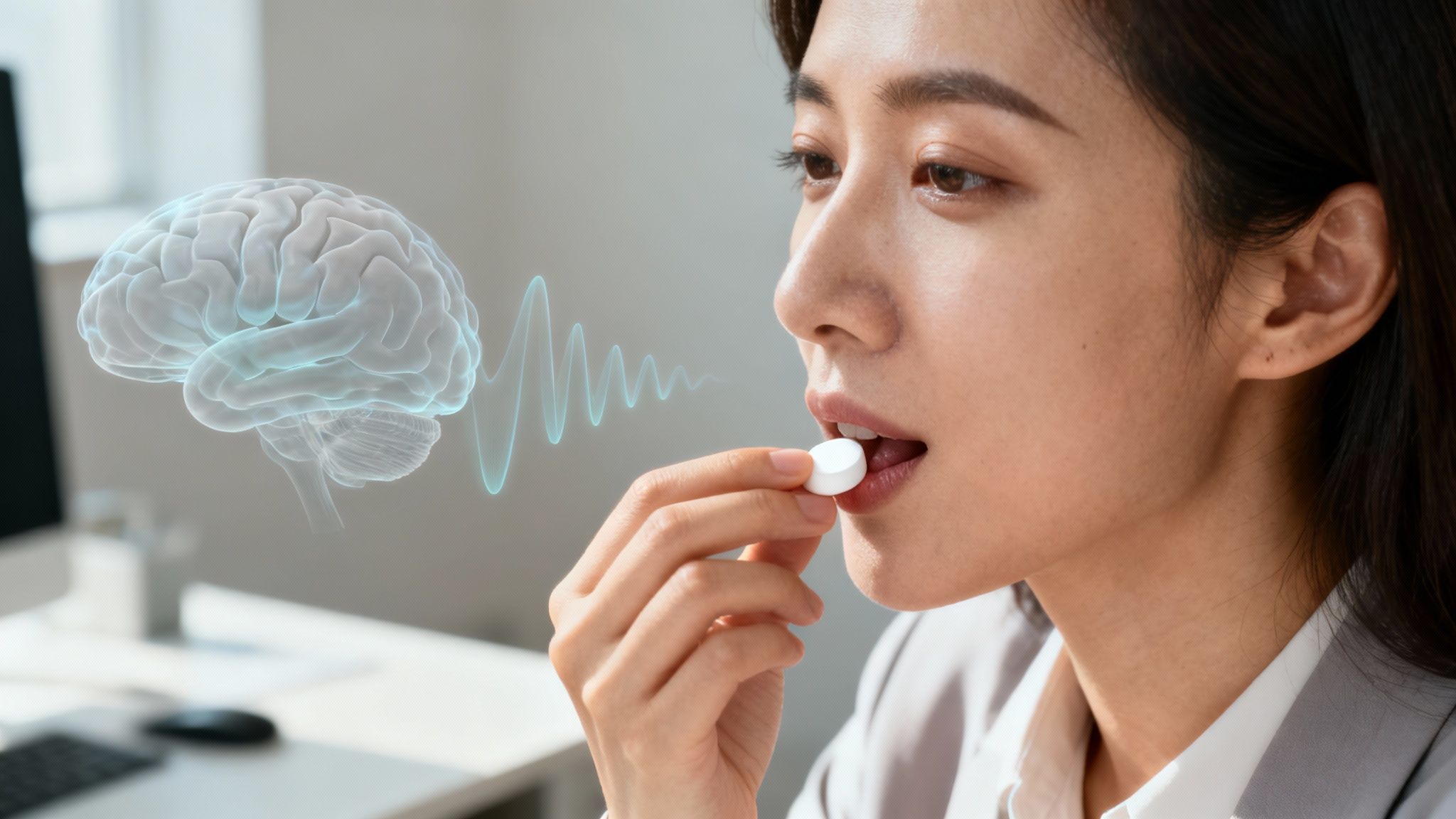 Asian woman taking a supplement with a glowing brain graphic, symbolizing mental health.