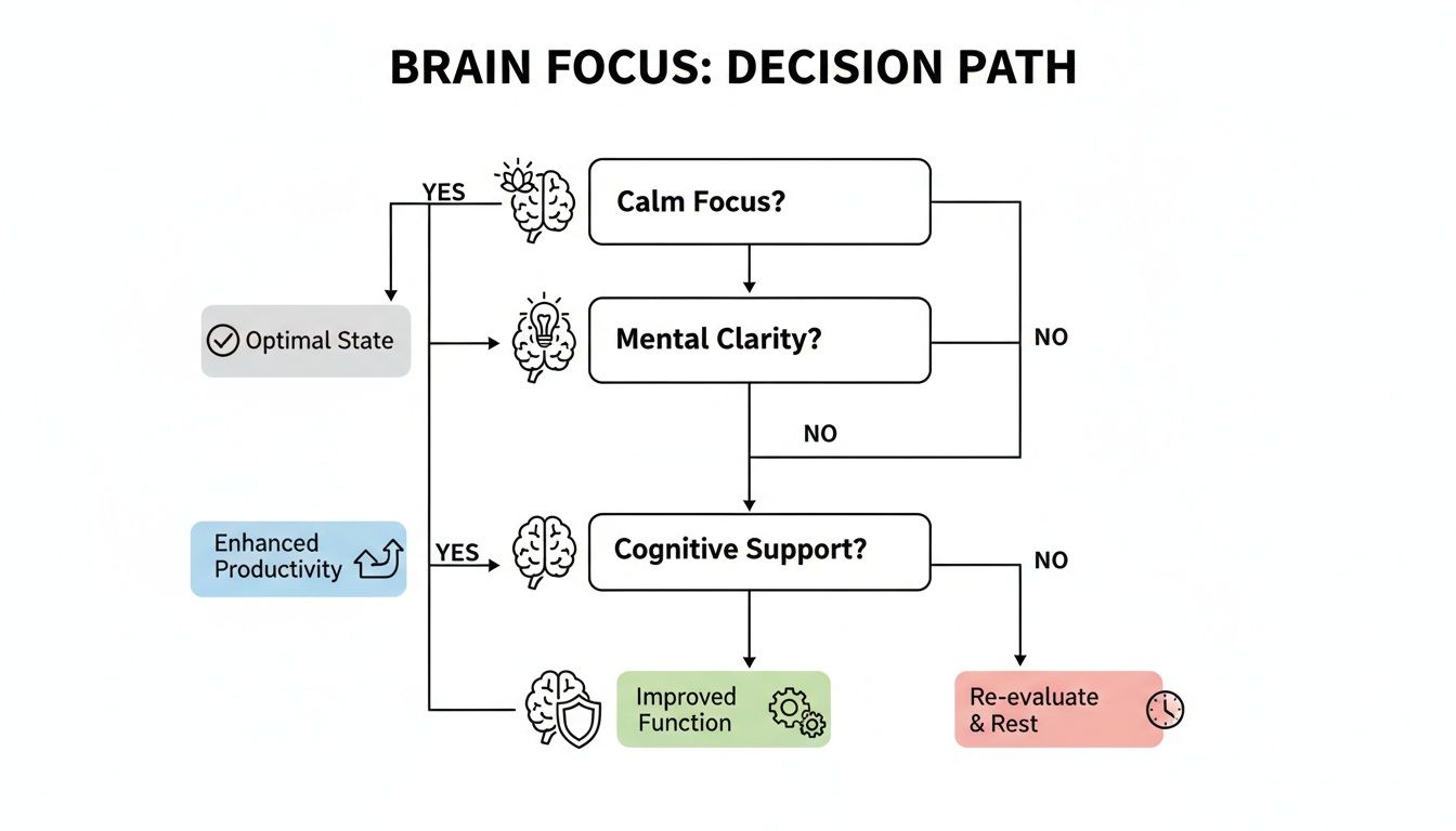 A flowchart titled 'Brain Focus: Decision Path' outlining steps for calm focus, mental clarity, and cognitive support.