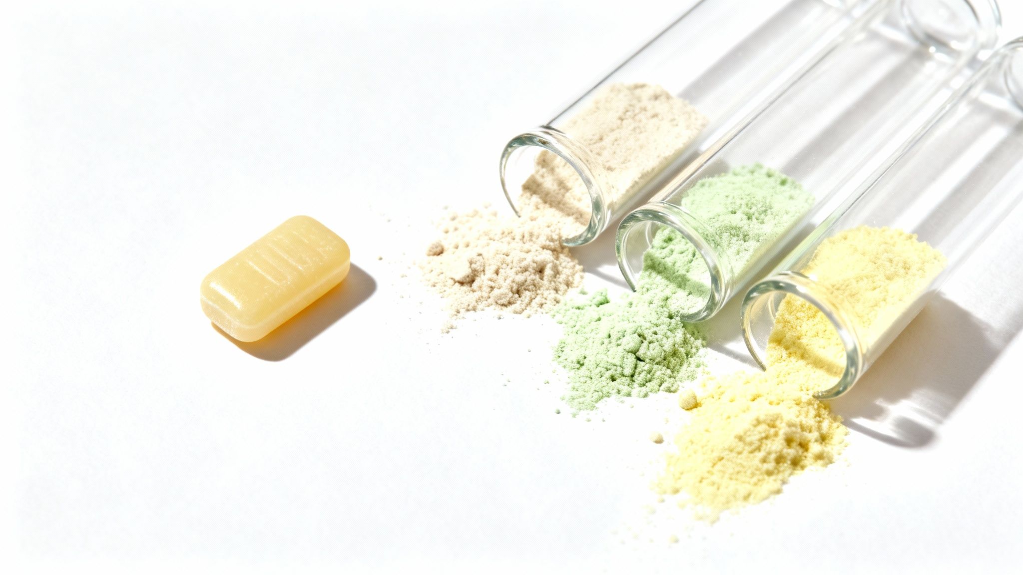 A light yellow candy lies next to three glass test tubes spilling colorful powders on white.