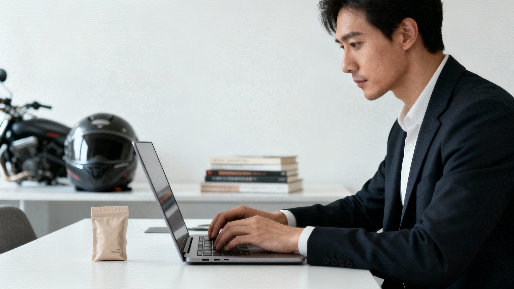 A focused man in a suit works on a laptop at a desk with a coffee pouch nearby.