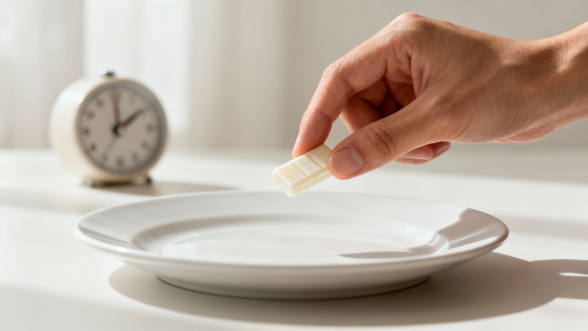 Hand places a small piece of white chocolate onto an empty white plate, with an alarm clock.