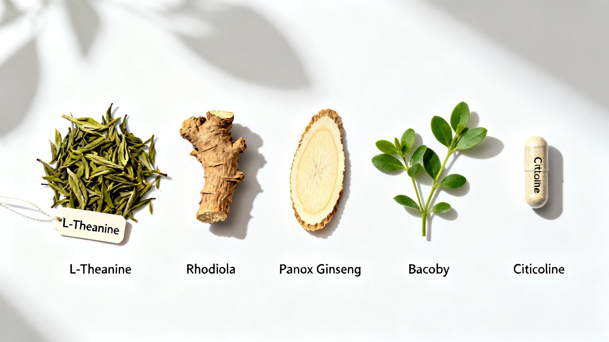 Various nootropic ingredients, L-Theanine, Rhodiola, Panax Ginseng, Bacoby, and Citicoline, on a white background.