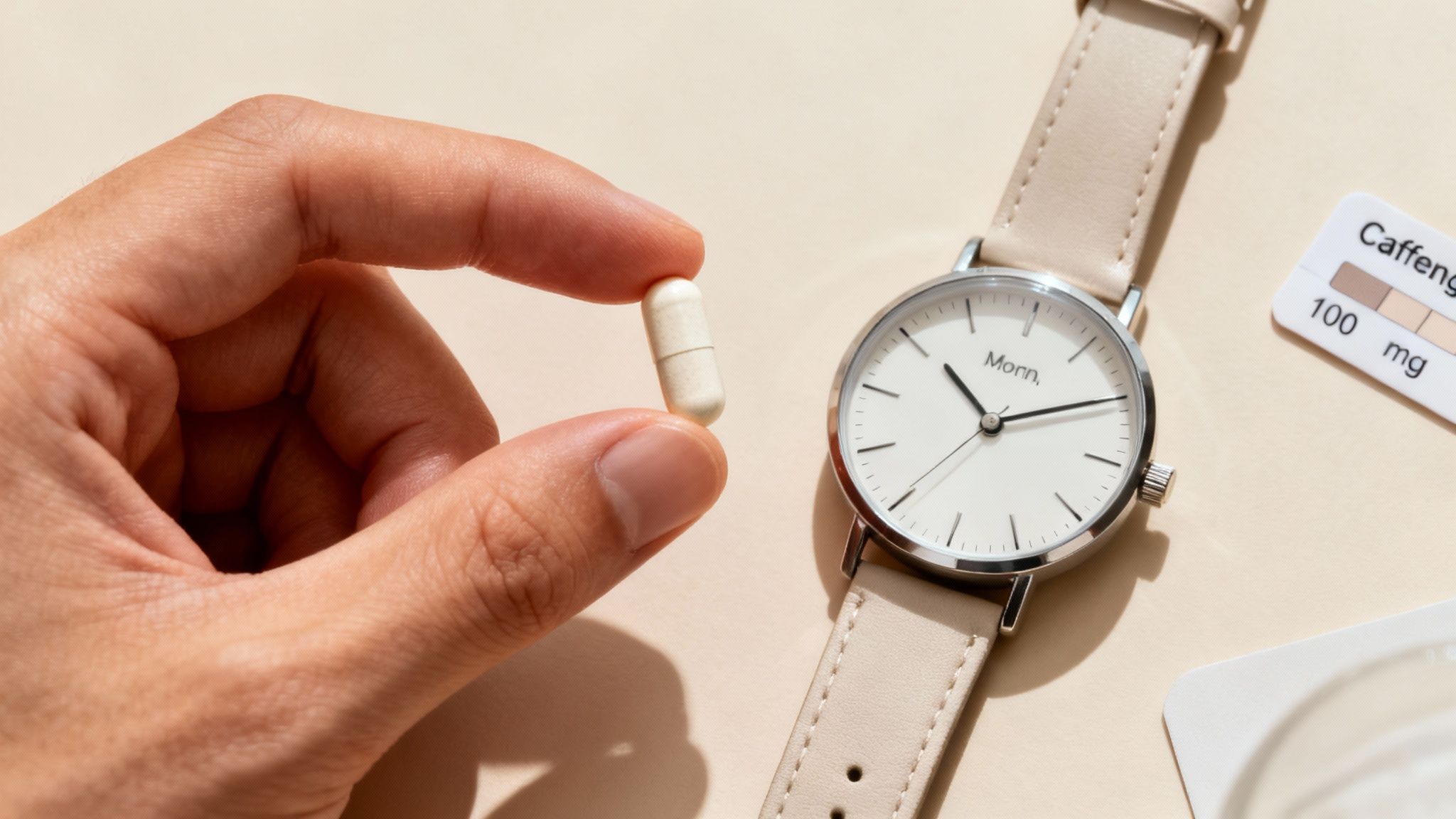 Hand holding white caffeine pill next to minimalist watch and hundred milligram label on desk