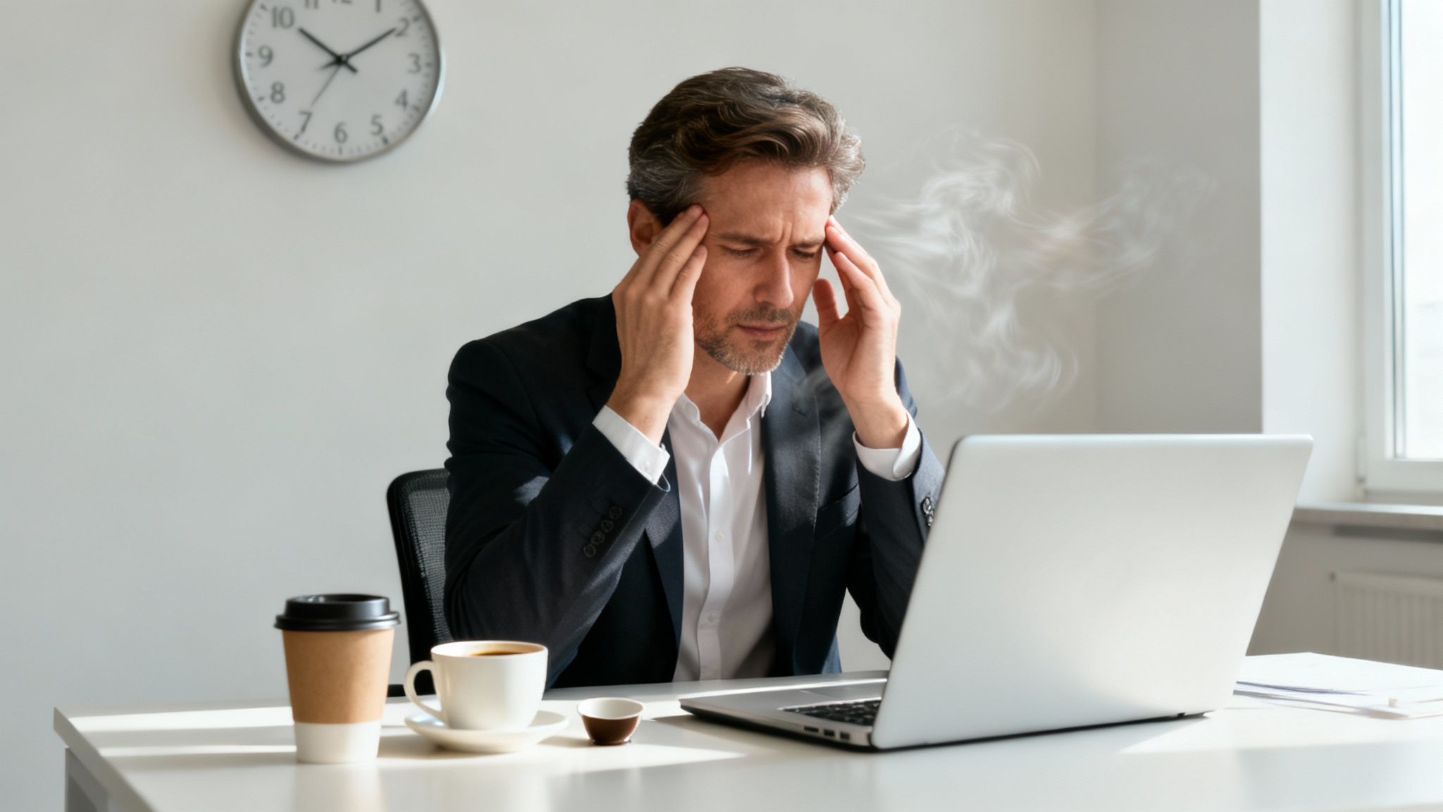 A person looking tired and holding a cup of coffee, symbolizing burnout.