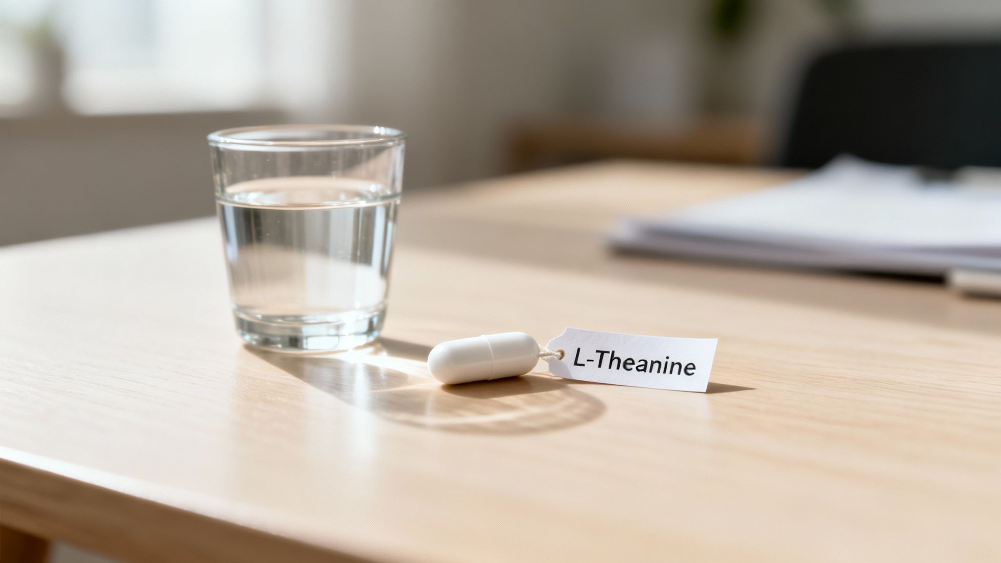 A white L-Theanine capsule with a tag next to a glass of water on a wooden table.