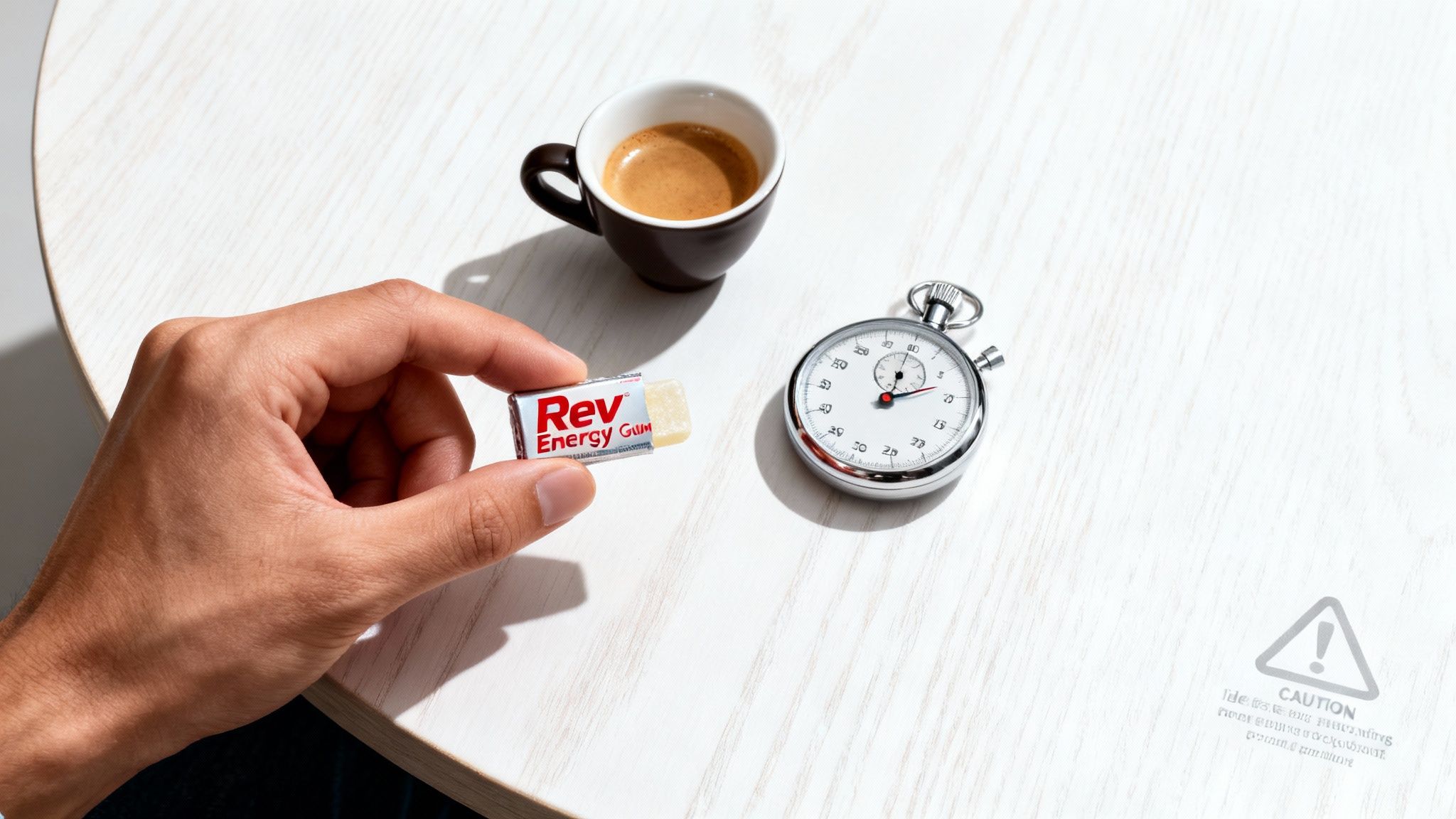 Rev Energy Gum pack on a desk with notebook and pen