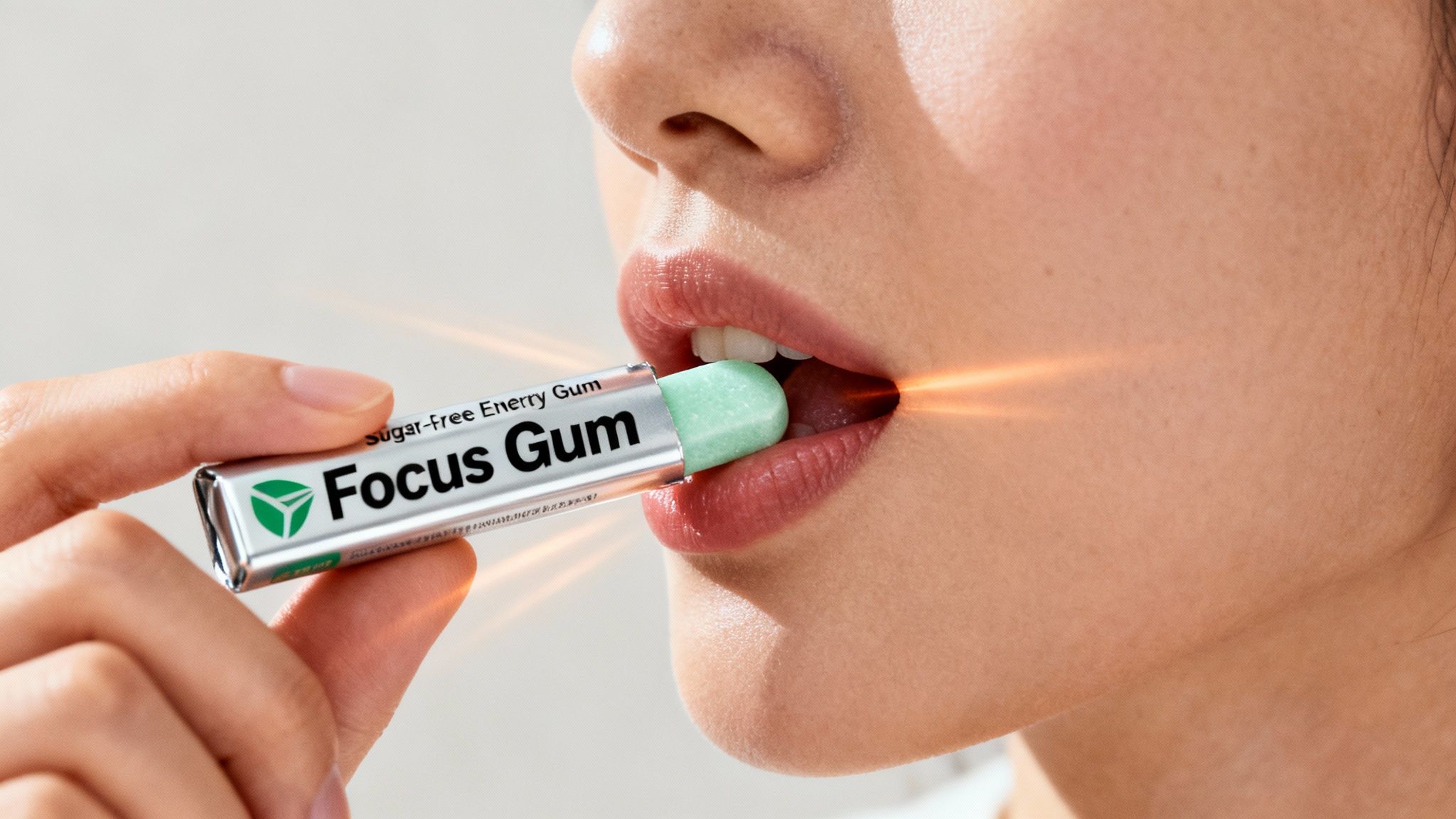 Close-up of a person putting a green Focus Gum into their mouth, with energetic light.