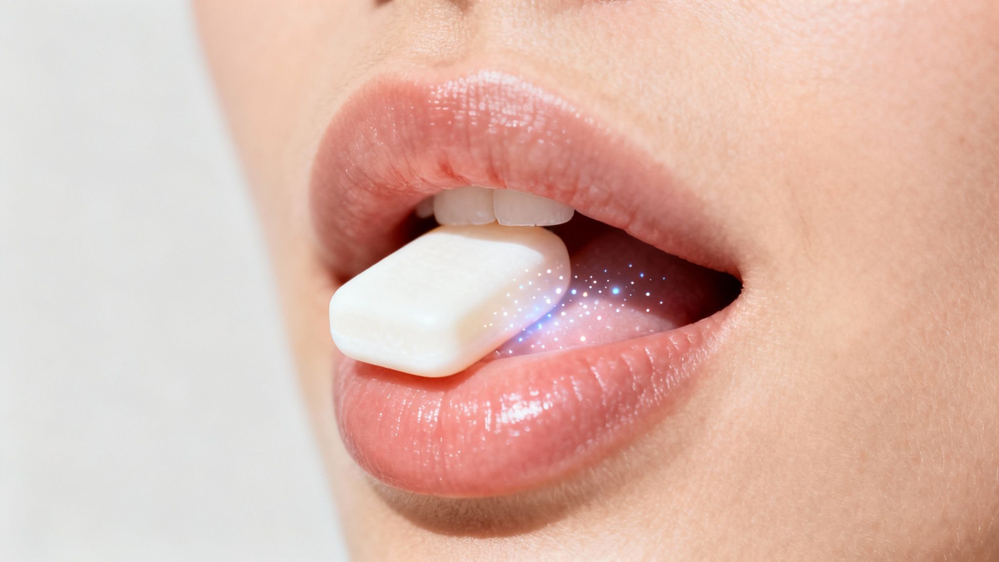 Close-up of a person's mouth with white chewing gum on their tongue, showing sparkling freshness.