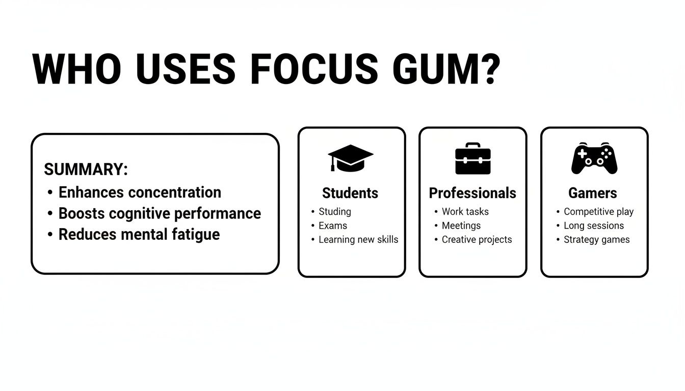 Infographic detailing Focus Gum benefits and target users: students, professionals, and gamers.