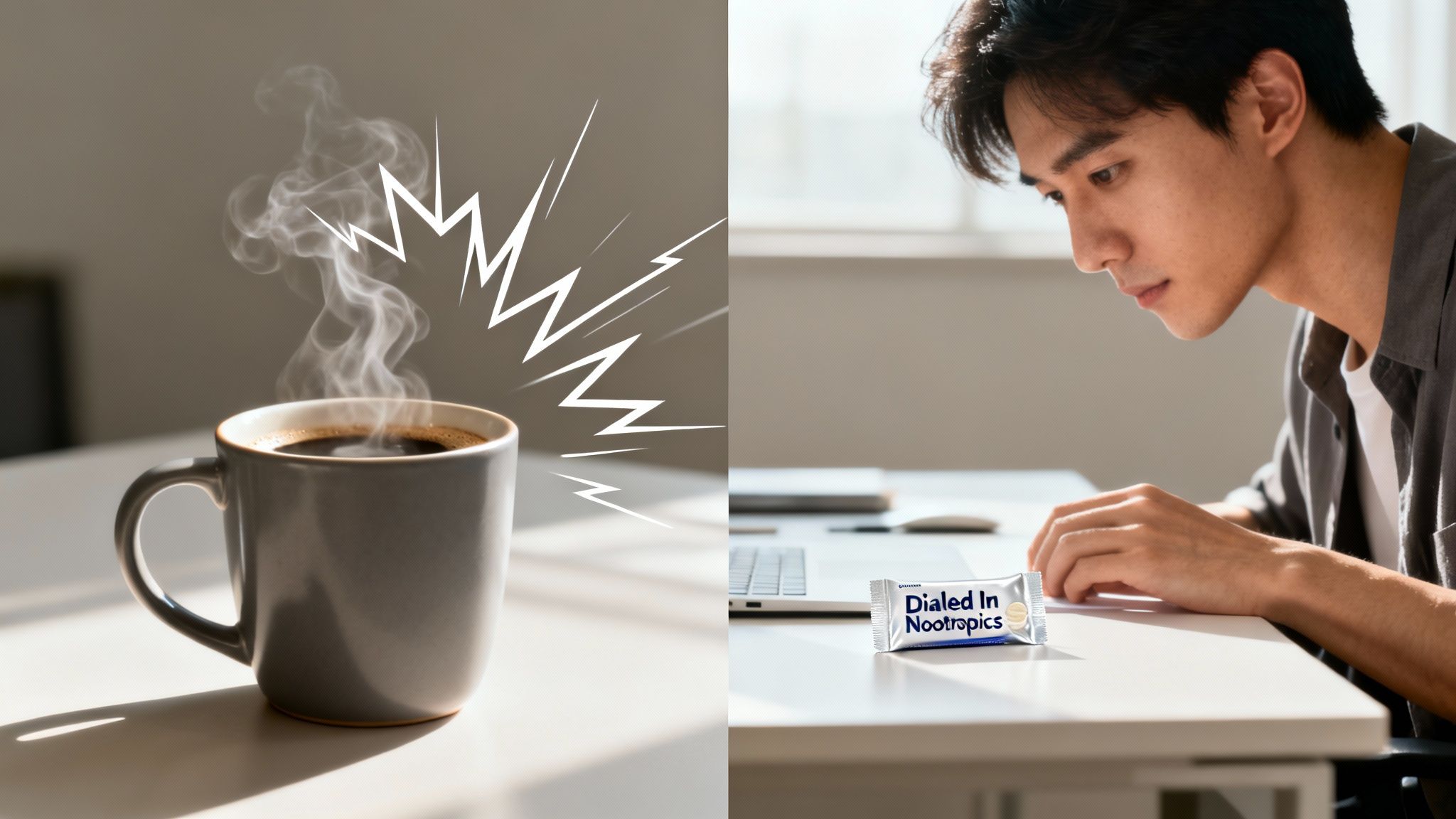 Steaming coffee with energy lines next to a man holding 'Dialed In Nootropics' for focus.