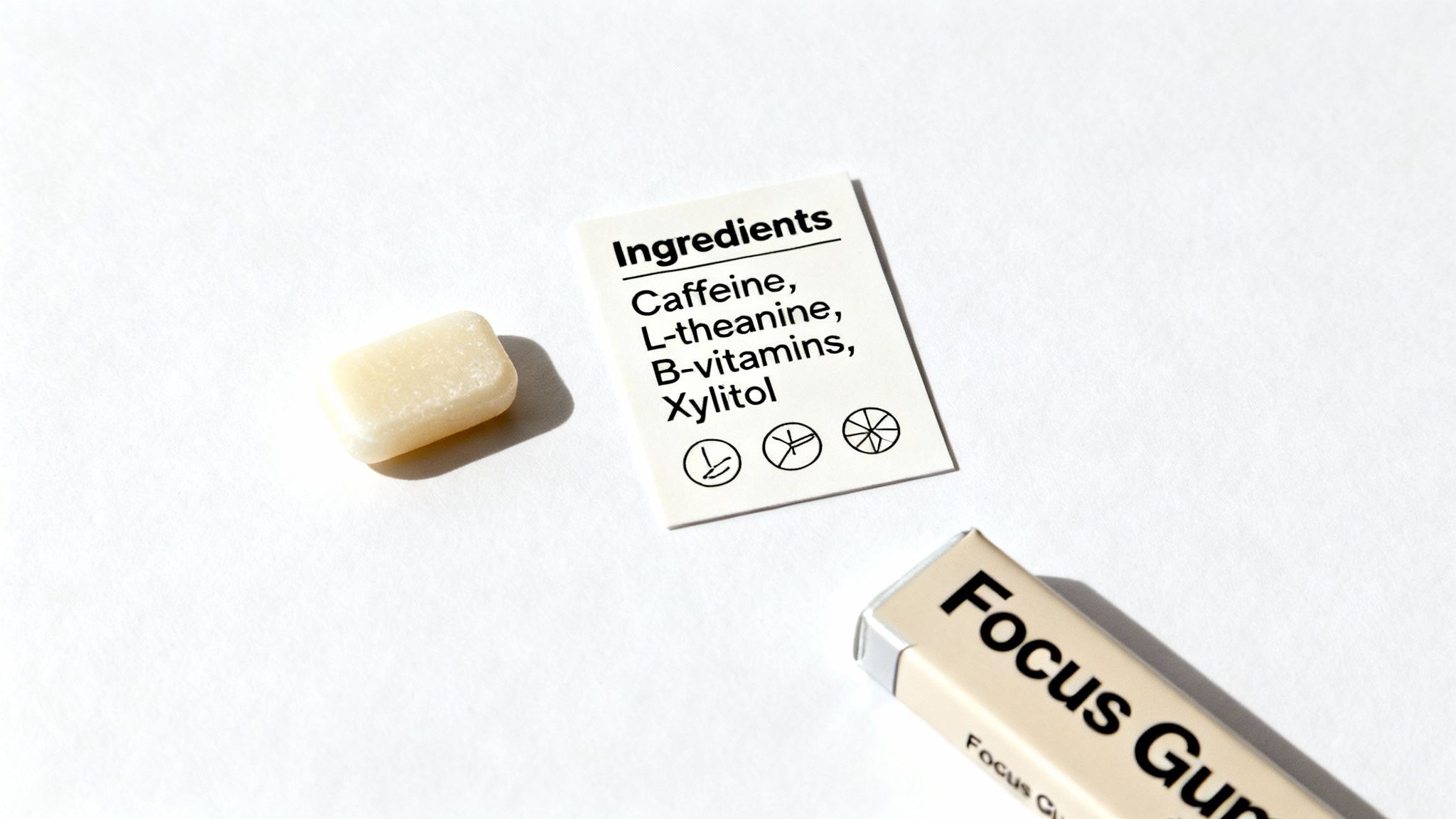 Sugar-free energy gum piece with ingredients card listing caffeine, L-theanine, B-vitamins, and xylitol.