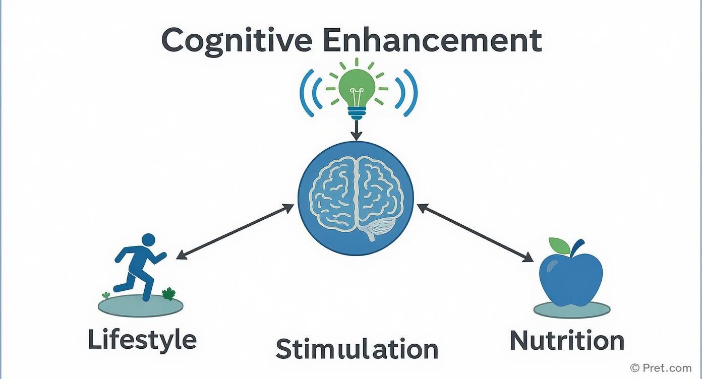 Infographic showing cognitive enhancement through lifestyle, stimulation (lightbulb), and nutrition (apple) impacting the brain.
