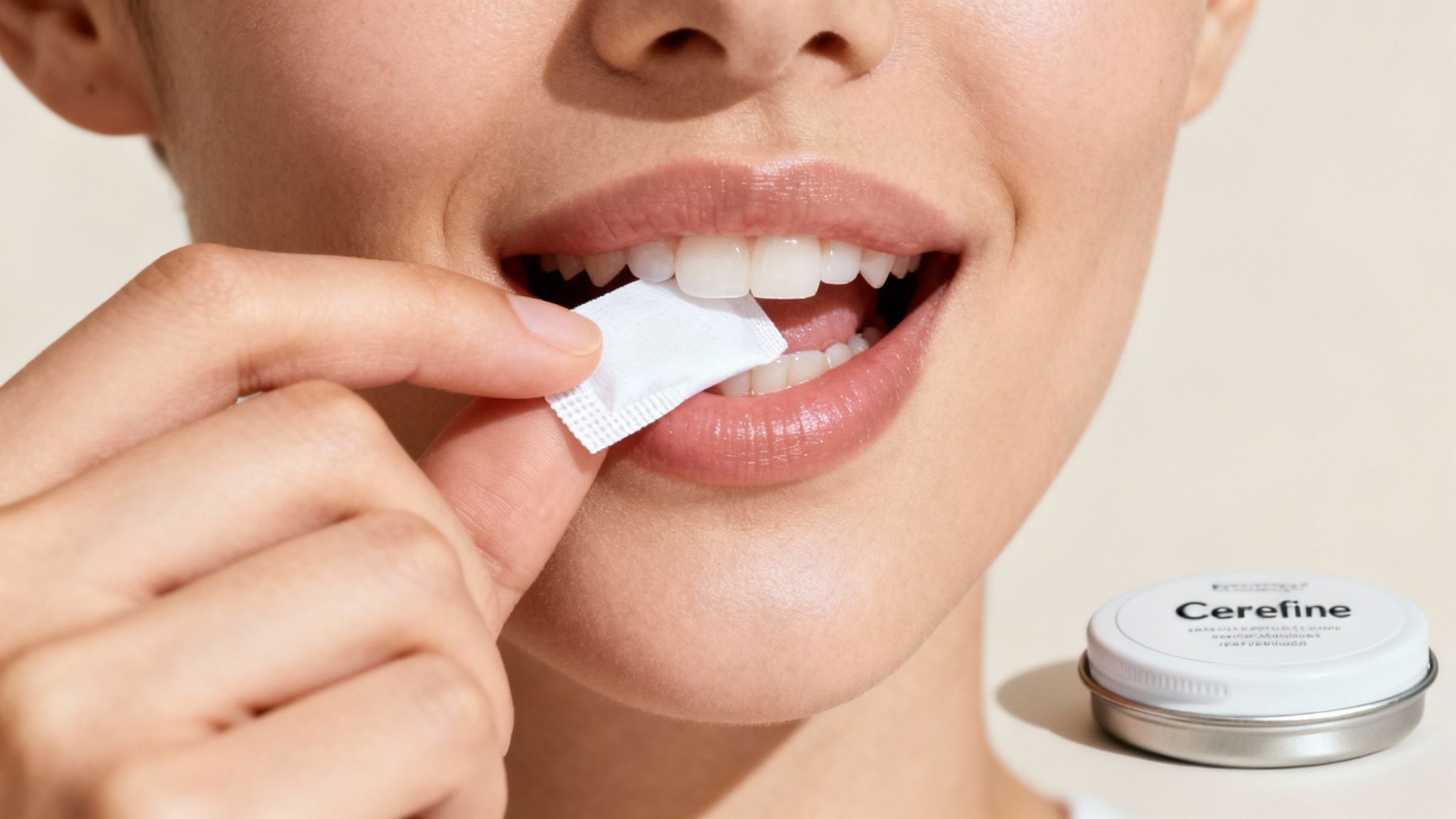 Close-up of a person's mouth, inserting a white caffeine pouch with a Cerefine tin visible.