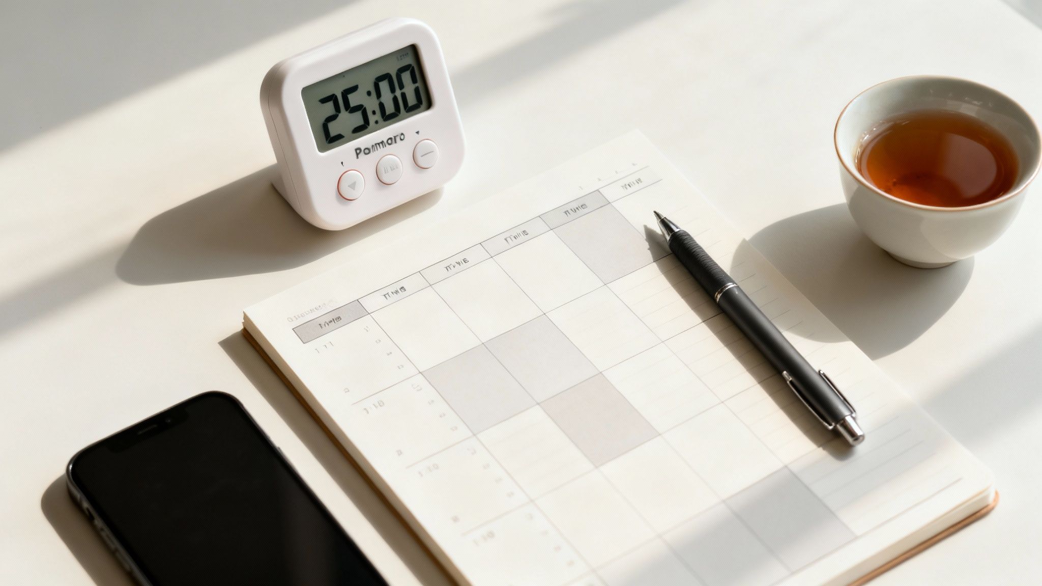 A neatly organized desk with a Pomodoro timer, planner, pen, phone, and tea, ideal for focused study.