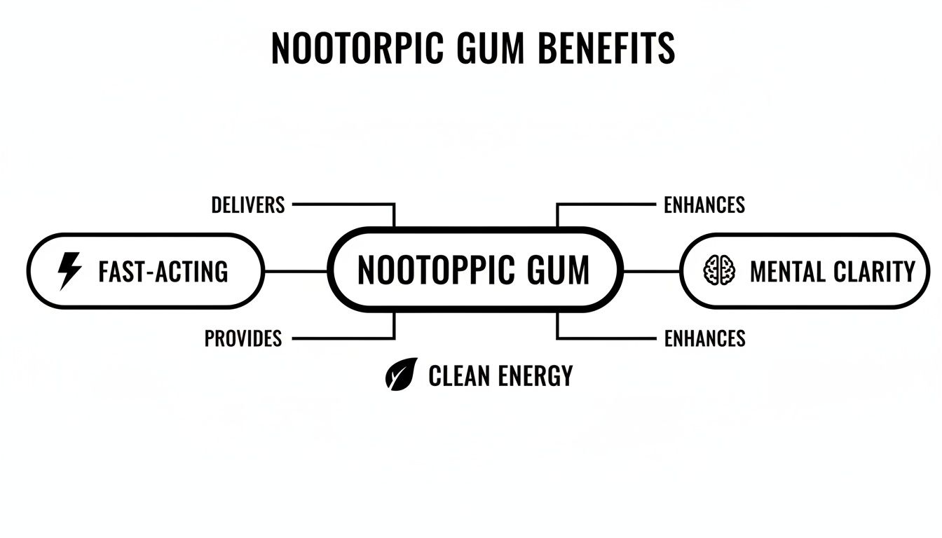 Diagram showing Nootropic Gum delivers fast-acting, provides clean energy, and enhances mental clarity.