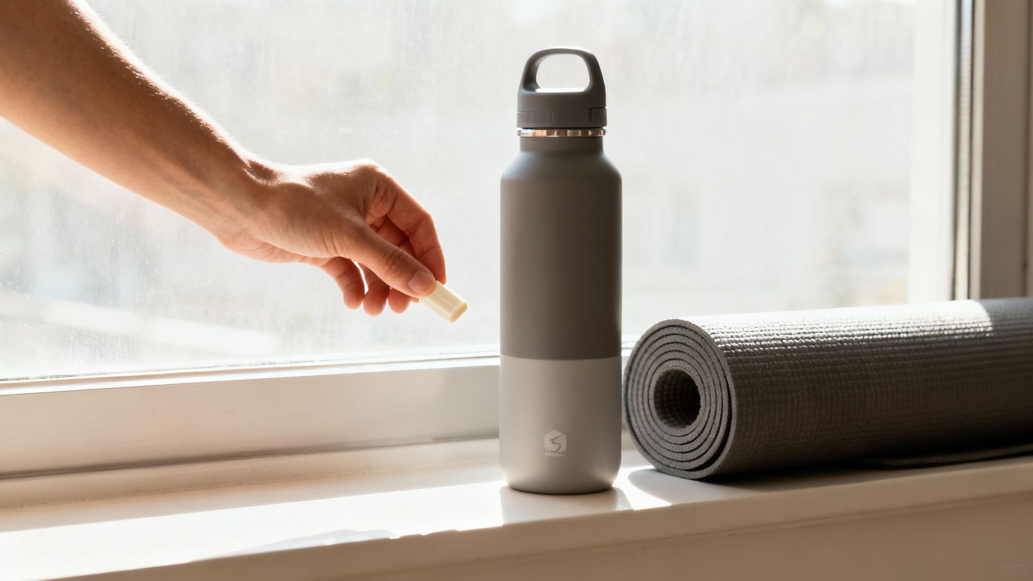 A person mindfully chewing gum while looking out a window, appearing calm and reflective.