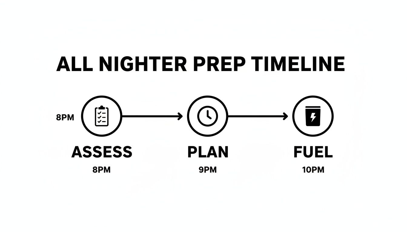A simple timeline showing three steps for preparing an all-nighter: Assess, Plan, Fuel.
