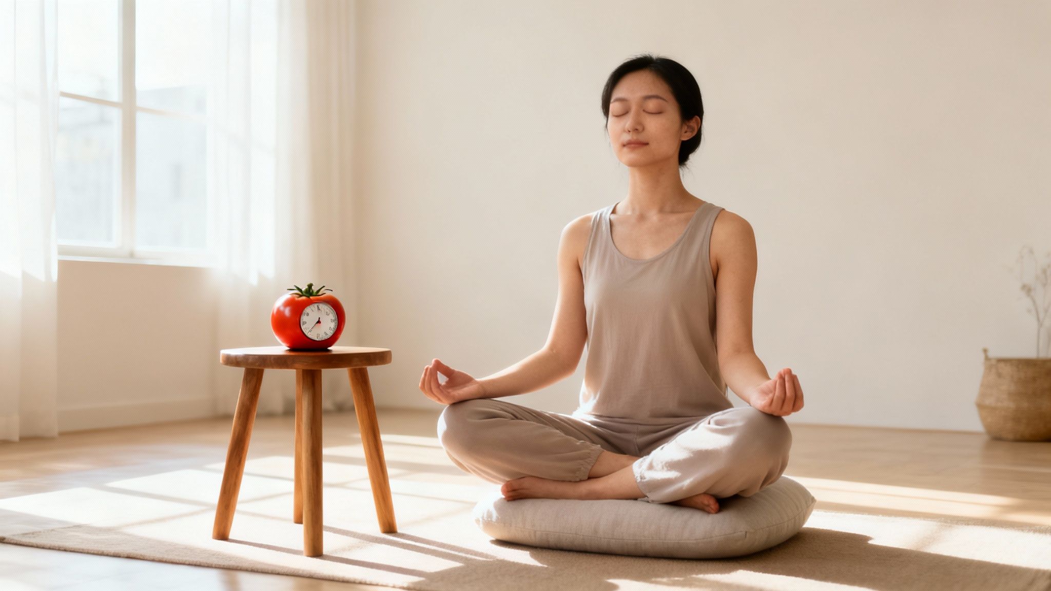 A person meditates peacefully on a cushion in a bright room, with a red tomato timer on a stool.