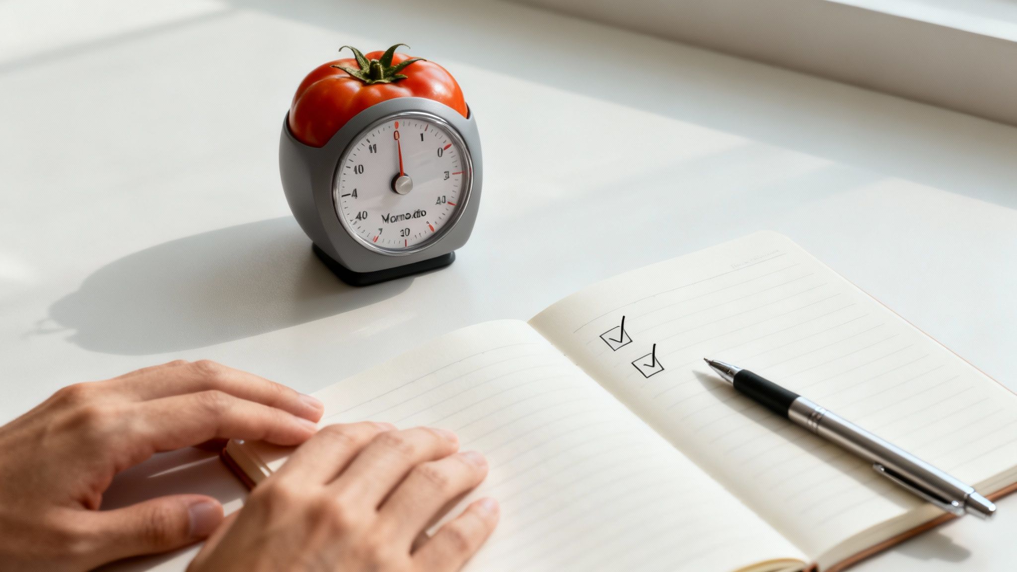 Hands on a desk next to an open notebook with checked boxes and a Pomodoro timer.